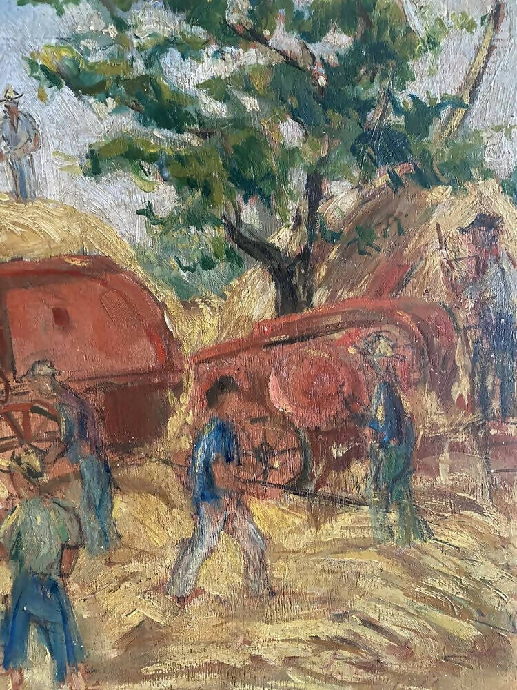 An impressionist style painting depicting Italian hay harvesters with vibrant colours and dynamic composition,  available  to buy on the-salon.com. SALON curates the finest , unique, handmade pieces from the interior industry's best makers and brands. Shop luxury furniture, lighting, rugs, art, antiques and vintage pieces and accessories from SALON interior designed rooms.