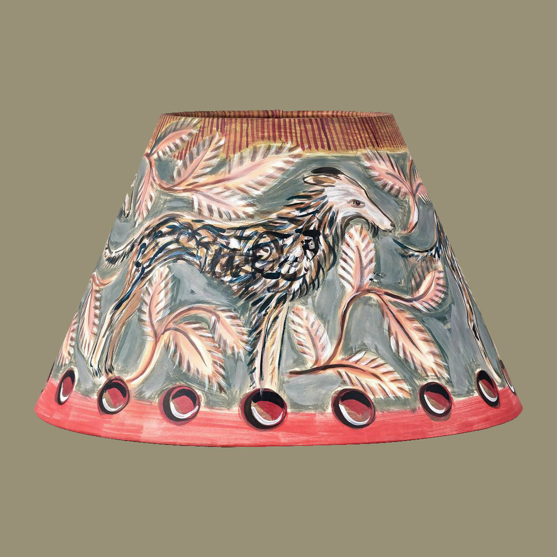 Decorative lampshade with animal and leaf design on a beige background,  available  to buy on the-salon.com. SALON curates the finest , unique, handmade pieces from the interior industry's best makers and brands. Shop luxury furniture, lighting, rugs, art, antiques and vintage pieces and accessories from SALON interior designed rooms.