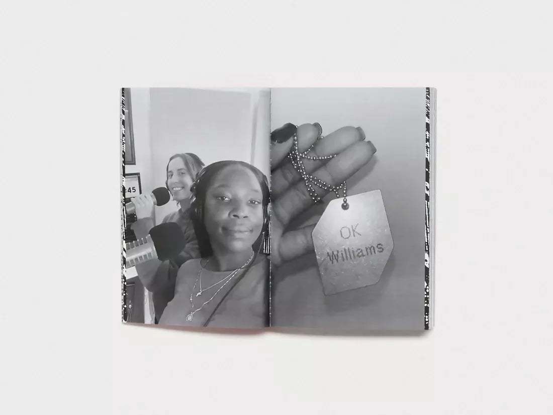 A black and white photograph featuring two individuals, with the text 'OK Williams' visible, available  to buy on the-salon.com. SALON curates the finest , unique, handmade pieces from the interior industry's best makers and brands. Shop luxury furniture, lighting, rugs, art, antiques and vintage pieces and accessories from SALON interior designed rooms.
