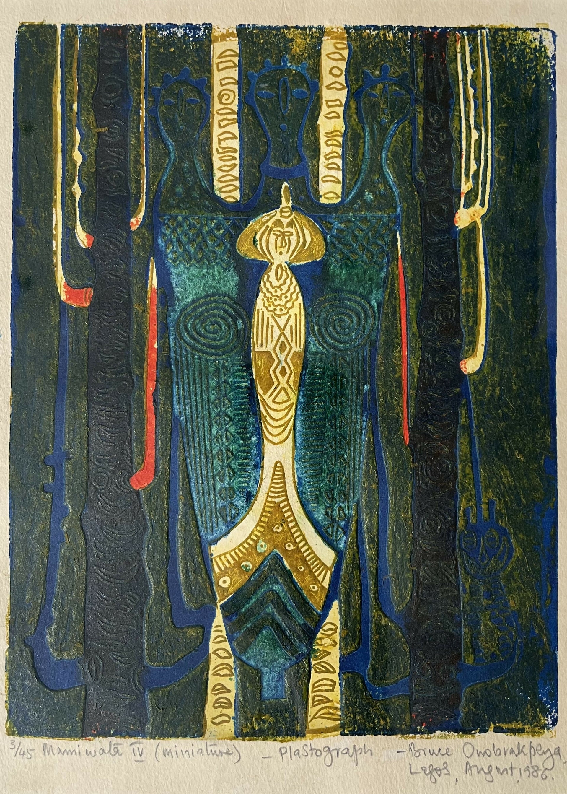 Artistic depiction of a figure with intricate patterns and colors on a textured background