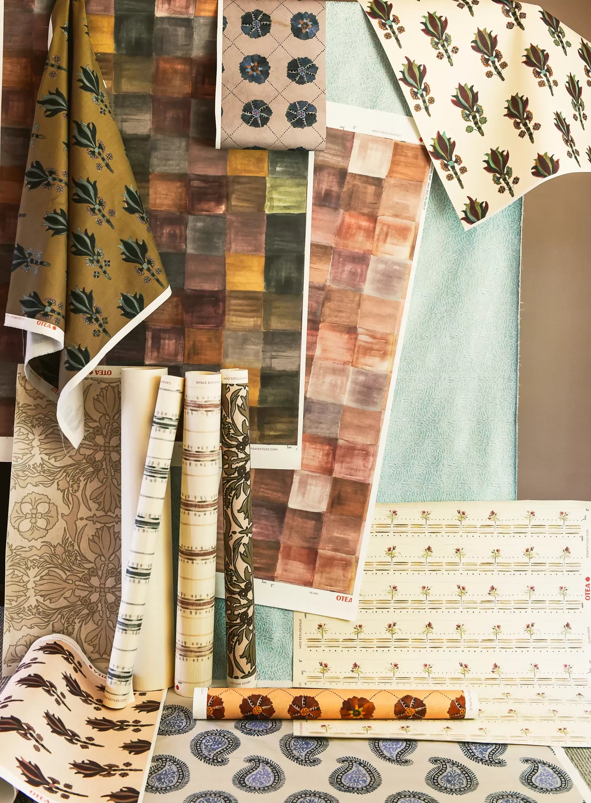 Otea textiles, Rolls of their different wallpapers, available  to buy on the-salon.com. SALON curates the finest , unique, handmade pieces from the interior industry's best makers and brands. Shop luxury furniture, lighting, rugs, art, antiques and vintage pieces and accessories from SALON interior designed rooms.