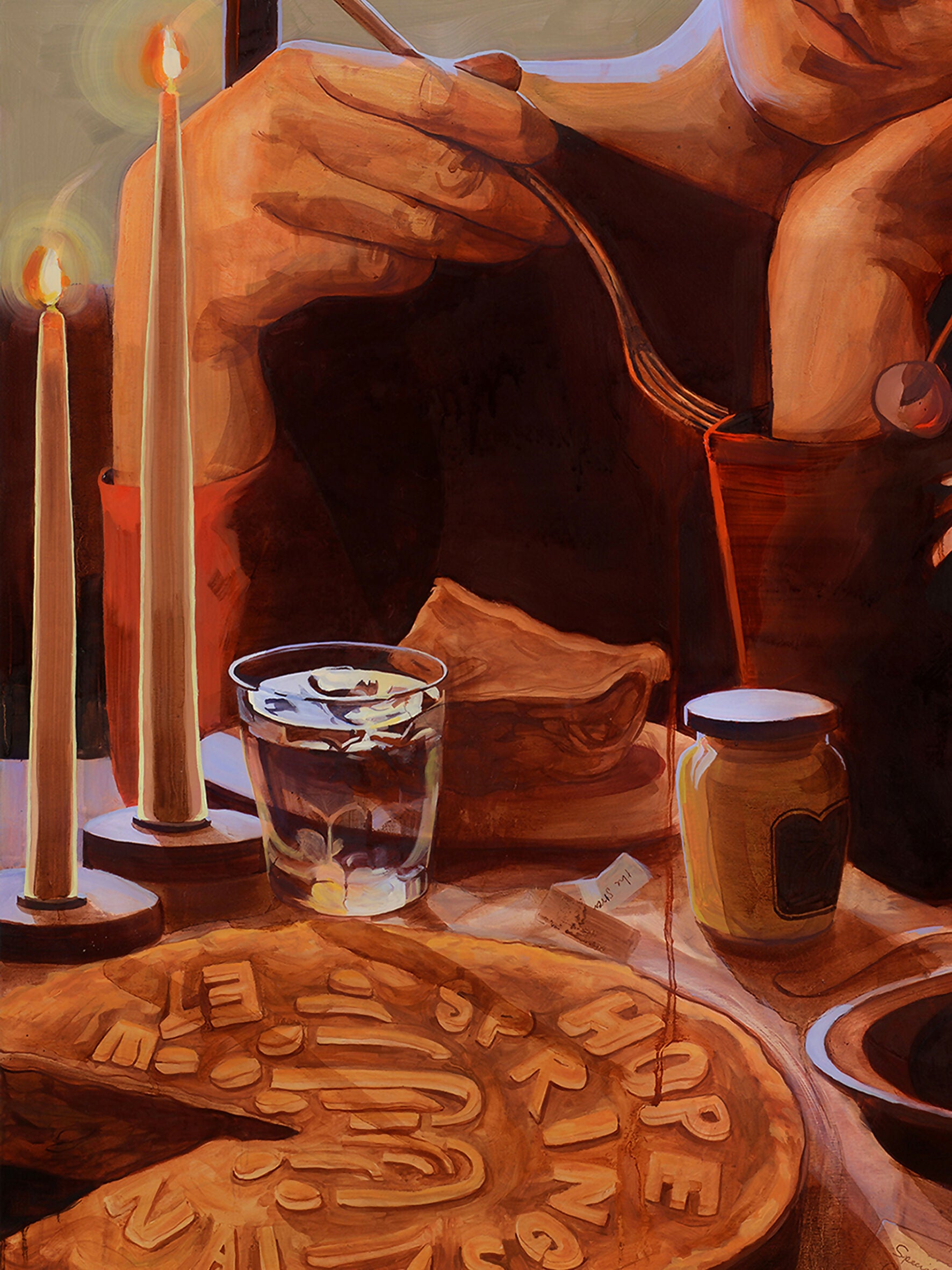 Artistic depiction of a person spooning something from a dish, with candles and food in the background, available  to buy on the-salon.com. SALON curates the finest , unique, handmade pieces from the interior industry's best makers and brands. Shop luxury furniture, lighting, rugs, art, antiques and vintage pieces and accessories from SALON interior designed rooms.
