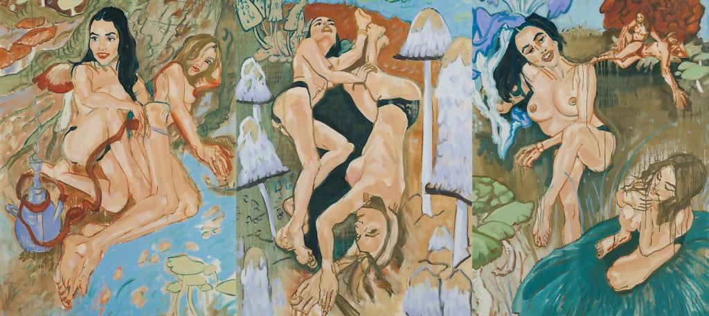 Artistic depiction of nude figures in a fantasy setting with colorful backgrounds and elements,  available  to buy on the-salon.com. SALON curates the finest , unique, handmade pieces from the interior industry's best makers and brands. Shop luxury furniture, lighting, rugs, art, antiques and vintage pieces and accessories from SALON interior designed rooms.