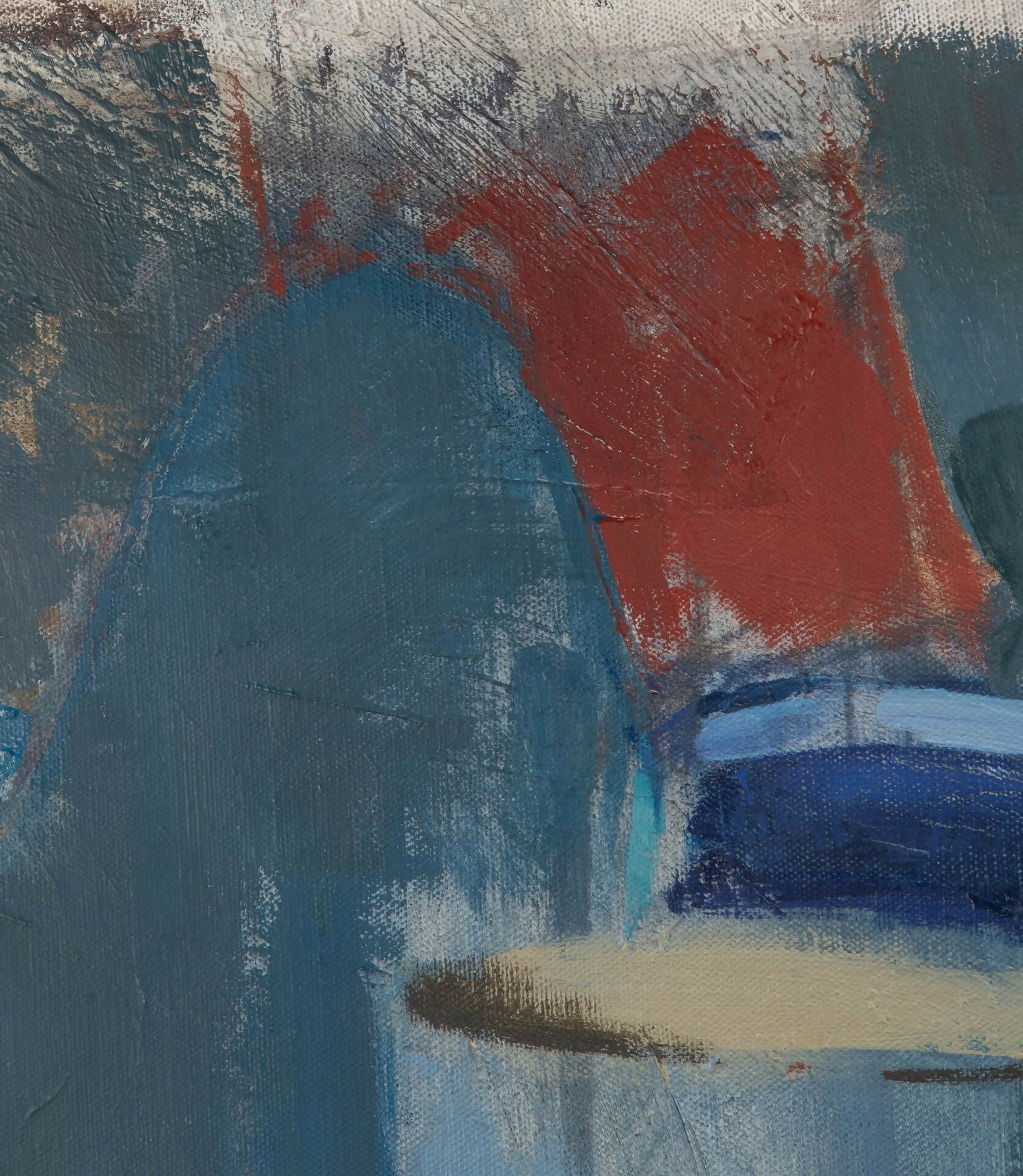 Abstract art with blue, red, and beige colors,  available  to buy on the-salon.com. SALON curates the finest , unique, handmade pieces from the interior industry's best makers and brands. Shop luxury furniture, lighting, rugs, art, antiques and vintage pieces and accessories from SALON interior designed rooms.