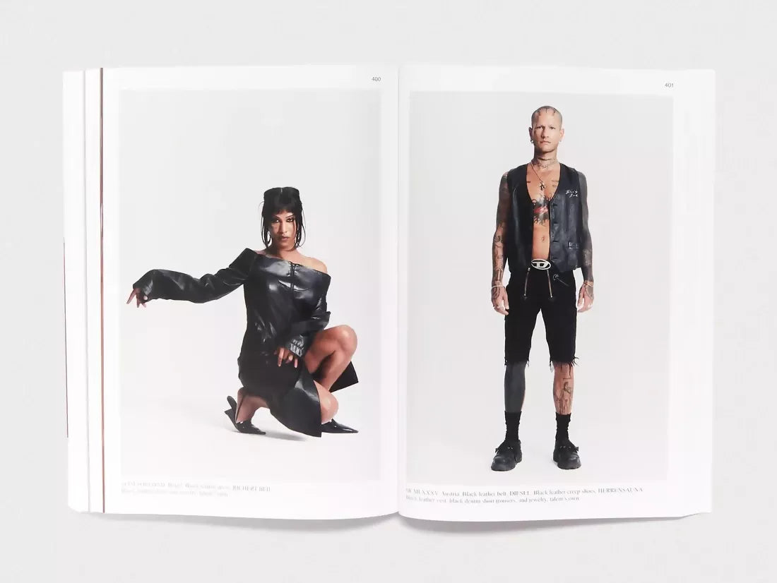 An image of an open book, the pages containing two images, one being a woman wearing all black, the other being a man also wearing all black,  available  to buy on the-salon.com. SALON curates the finest , unique, handmade pieces from the interior industry's best makers and brands. Shop luxury furniture, lighting, rugs, art, antiques and vintage pieces and accessories from SALON interior designed rooms.