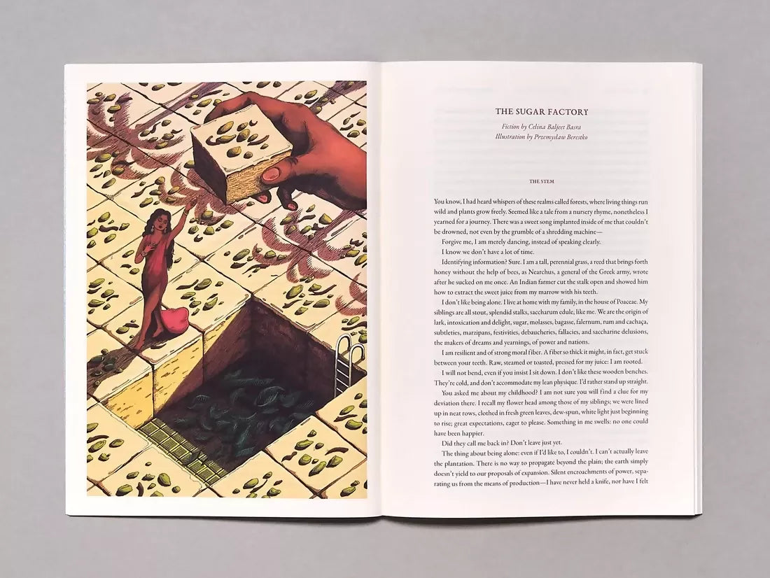 An image of an open book, the pages are an image of a woman in a red dress and a hand holding a square of a sweet treat, and the other side being a short story,  available  to buy on the-salon.com. SALON curates the finest , unique, handmade pieces from the interior industry's best makers and brands. Shop luxury furniture, lighting, rugs, art, antiques and vintage pieces and accessories from SALON interior designed rooms.