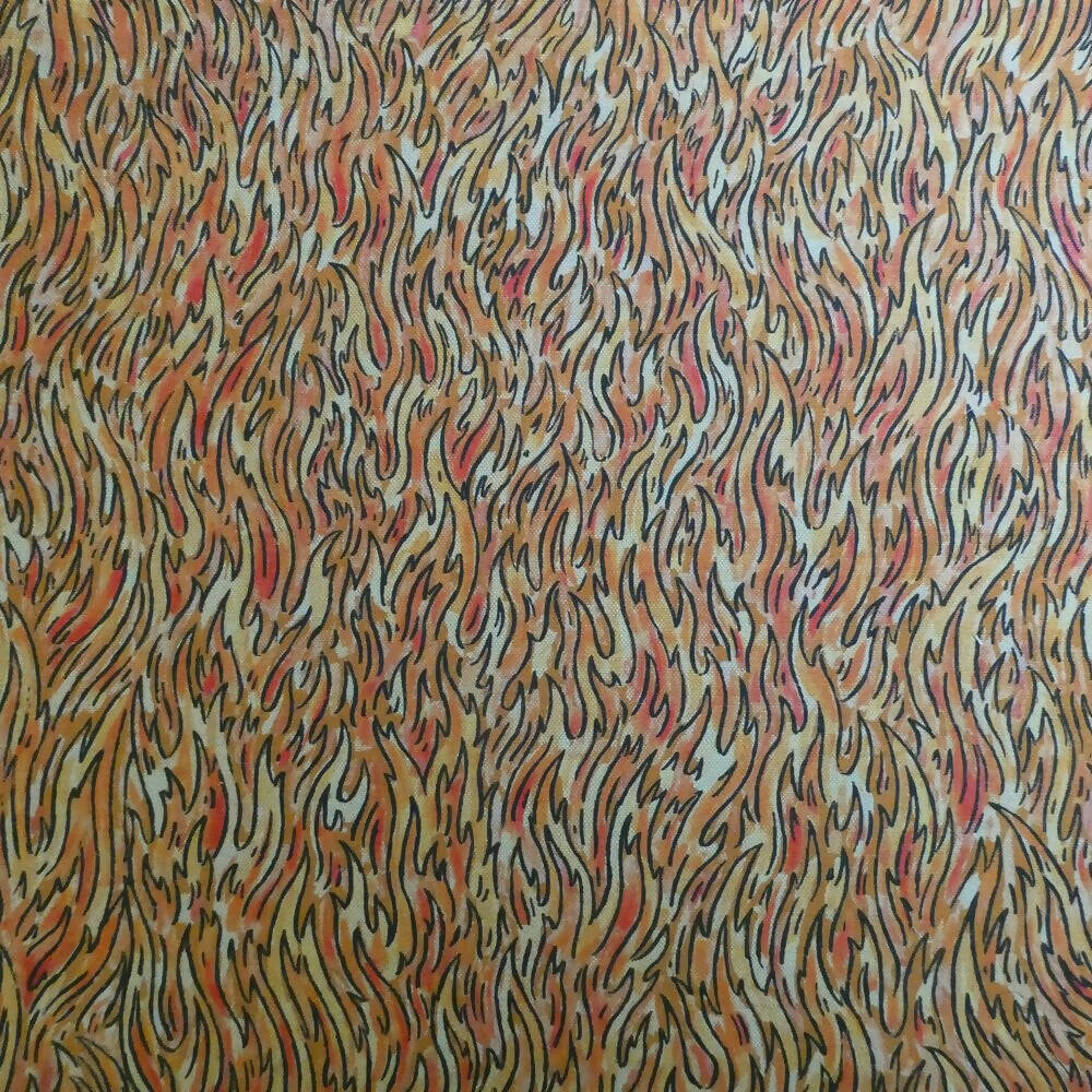 A swatch of fabric featuring a geometric animal pattern, predominantly in orange and black shades,  available  to buy on the-salon.com. SALON curates the finest , unique, handmade pieces from the interior industry's best makers and brands. Shop luxury furniture, lighting, rugs, art, antiques and vintage pieces and accessories from SALON interior designed rooms.