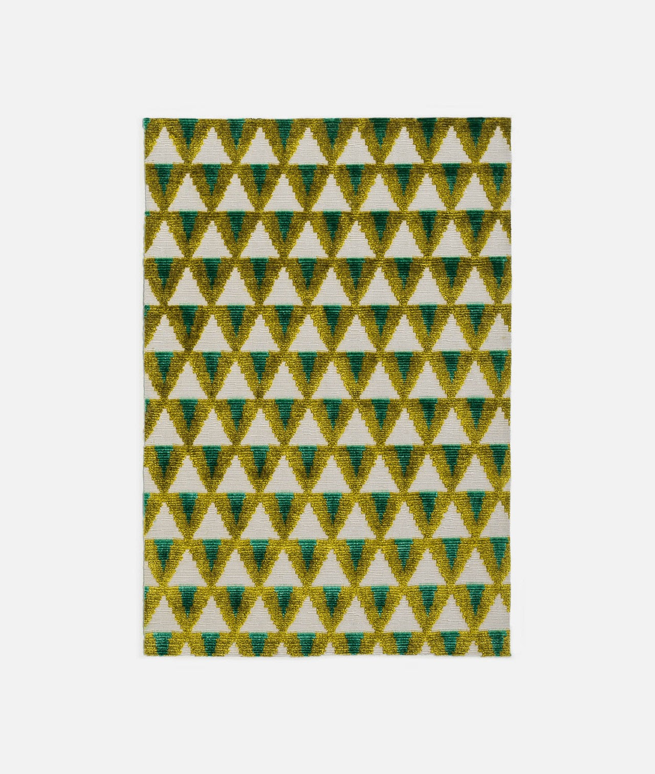 A geometric patterned fabric in green and yellow tones on a white background, likely used for upholstery,available  to buy on the-salon.com. SALON curates the finest , unique, handmade pieces from the interior industry's best makers and brands. Shop luxury furniture, lighting, rugs, art, antiques and vintage pieces and accessories from SALON interior designed rooms