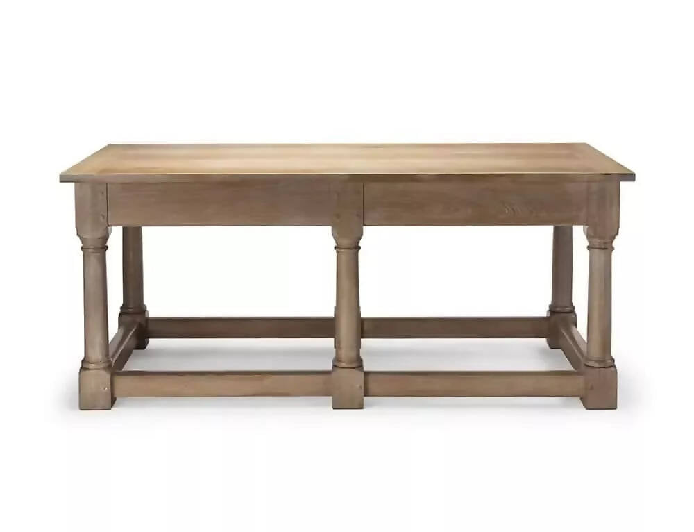 A rectangular wooden refectory table with a drawer at each end and columnar supports,  available  to buy on the-salon.com. SALON curates the finest , unique, handmade pieces from the interior industry's best makers and brands. Shop luxury furniture, lighting, rugs, art, antiques and vintage pieces and accessories from SALON interior designed rooms.