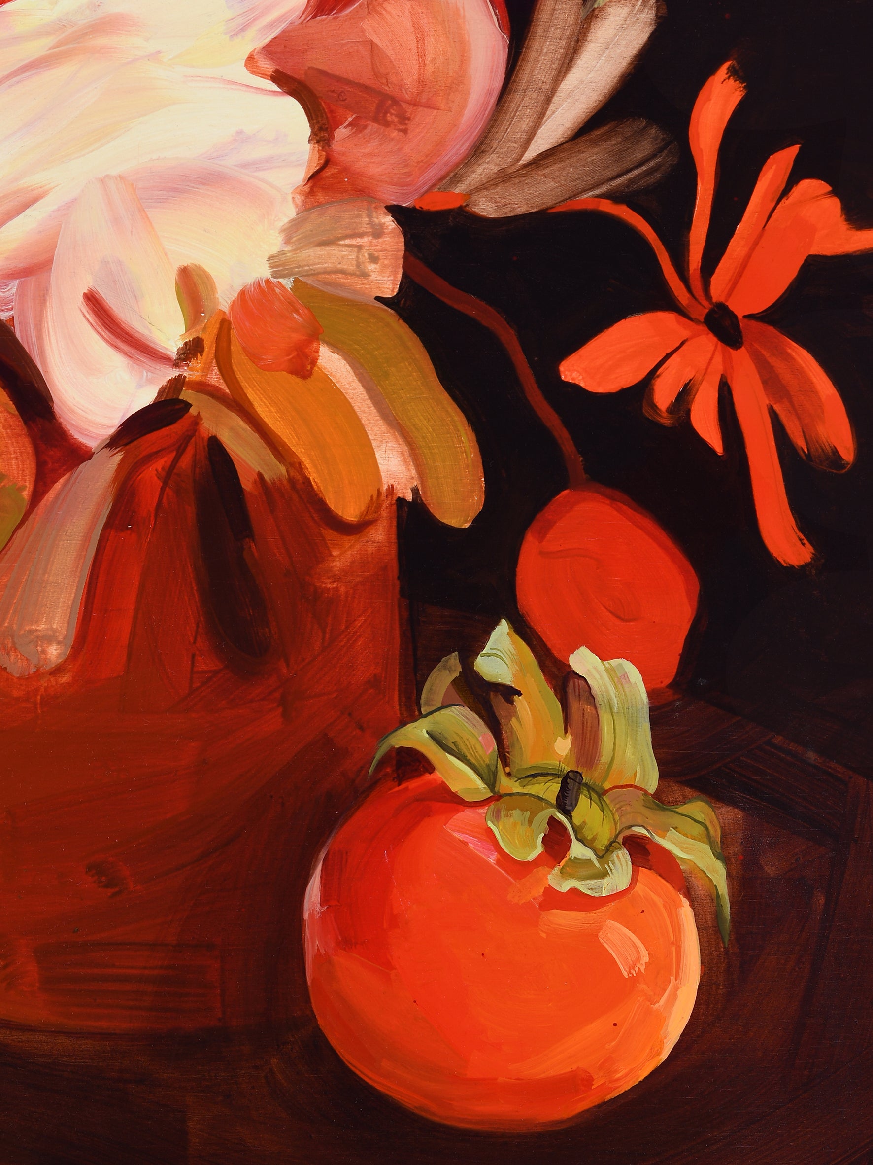 Close up of a still life painting with a persimmon and flowers,  available  to buy on the-salon.com. SALON curates the finest , unique, handmade pieces from the interior industry's best makers and brands. Shop luxury furniture, lighting, rugs, art, antiques and vintage pieces and accessories from SALON interior designed rooms.