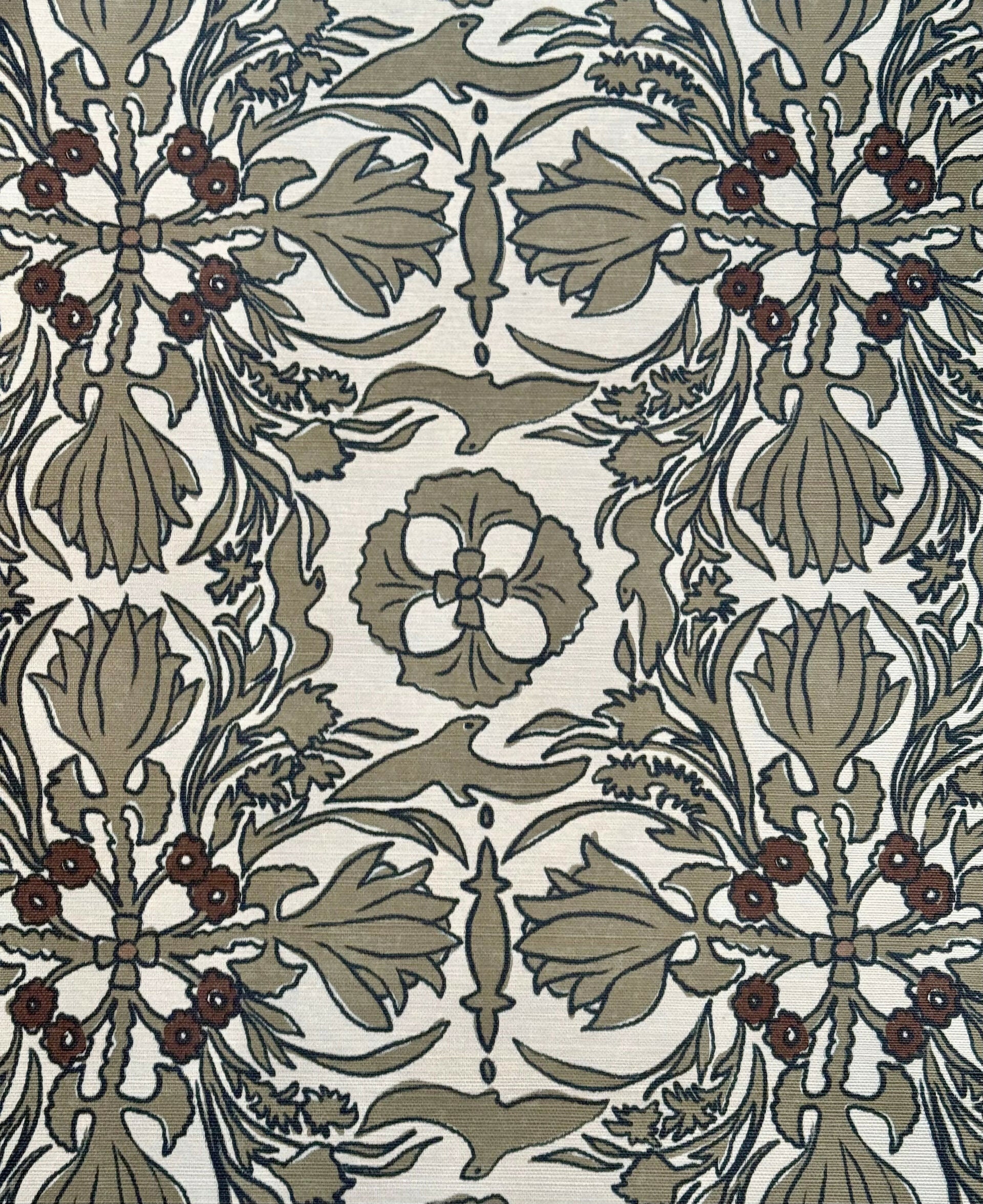 A section of wallpaper with a floral pattern in shades of olive and beige, featuring a decorative design, available  to buy on the-salon.com. SALON curates the finest , unique, handmade pieces from the interior industry's best makers and brands. Shop luxury furniture, lighting, rugs, art, antiques and vintage pieces and accessories from SALON interior designed rooms.