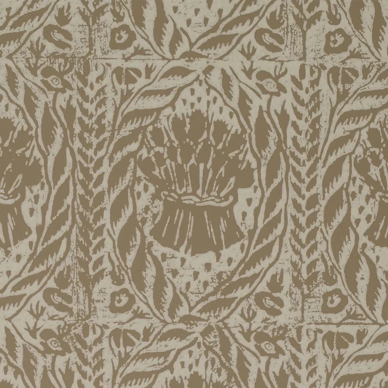 A section of wallpaper with a smoky quartz color featuring a floral and geometric pattern design,  available  to buy on the-salon.com. SALON curates the finest , unique, handmade pieces from the interior industry's best makers and brands. Shop luxury furniture, lighting, rugs, art, antiques and vintage pieces and accessories from SALON interior designed rooms.