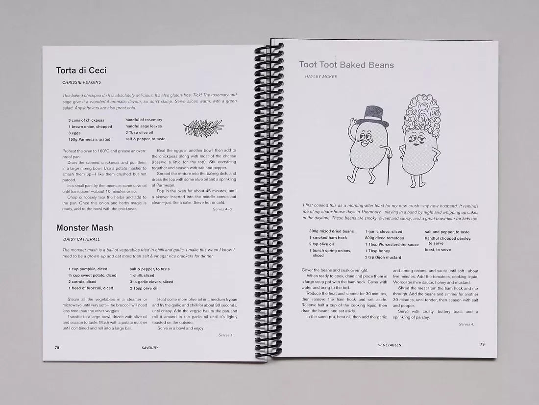 Open book, pages to recipes of  Toot Toot baked beans, sorta di ceci and monster mash , available  to buy on the-salon.com. SALON curates the finest , unique, handmade pieces from the interior industry's best makers and brands. Shop luxury furniture, lighting, rugs, art, antiques and vintage pieces and accessories from SALON interior designed rooms.