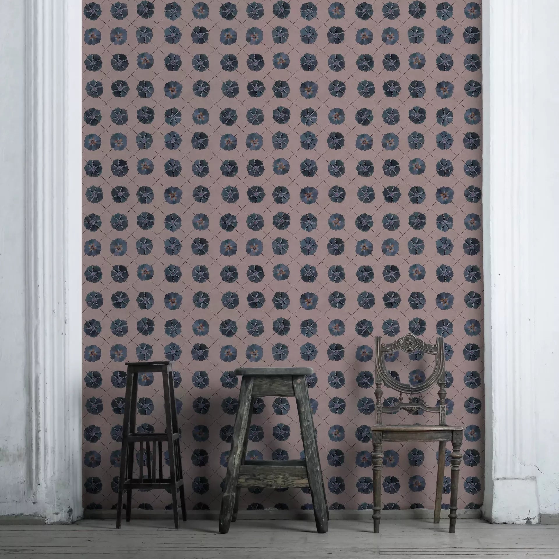 SUZANI wallpaper in use, showing the geometric pattern at the centre, available  to buy on the-salon.com. SALON curates the finest , unique, handmade pieces from the interior industry's best makers and brands. Shop luxury furniture, lighting, rugs, art, antiques and vintage pieces and accessories from SALON interior designed rooms.