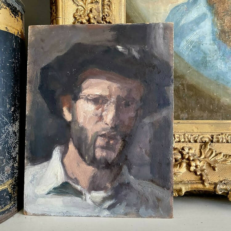 A midcentury gestural portrait of a man with a hat, predominantly in grayscale with a touch of color,  available  to buy on the-salon.com. SALON curates the finest , unique, handmade pieces from the interior industry's best makers and brands. Shop luxury furniture, lighting, rugs, art, antiques and vintage pieces and accessories from SALON interior designed rooms.