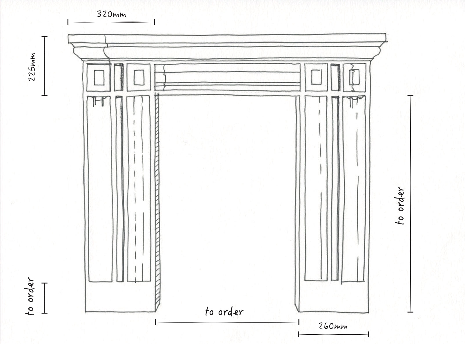 An image of the measurements of the fireplace, Sizes can be made to order,  available  to buy on the-salon.com. SALON curates the finest , unique, handmade pieces from the interior industry's best makers and brands. Shop luxury furniture, lighting, rugs, art, antiques and vintage pieces and accessories from SALON interior designed rooms.