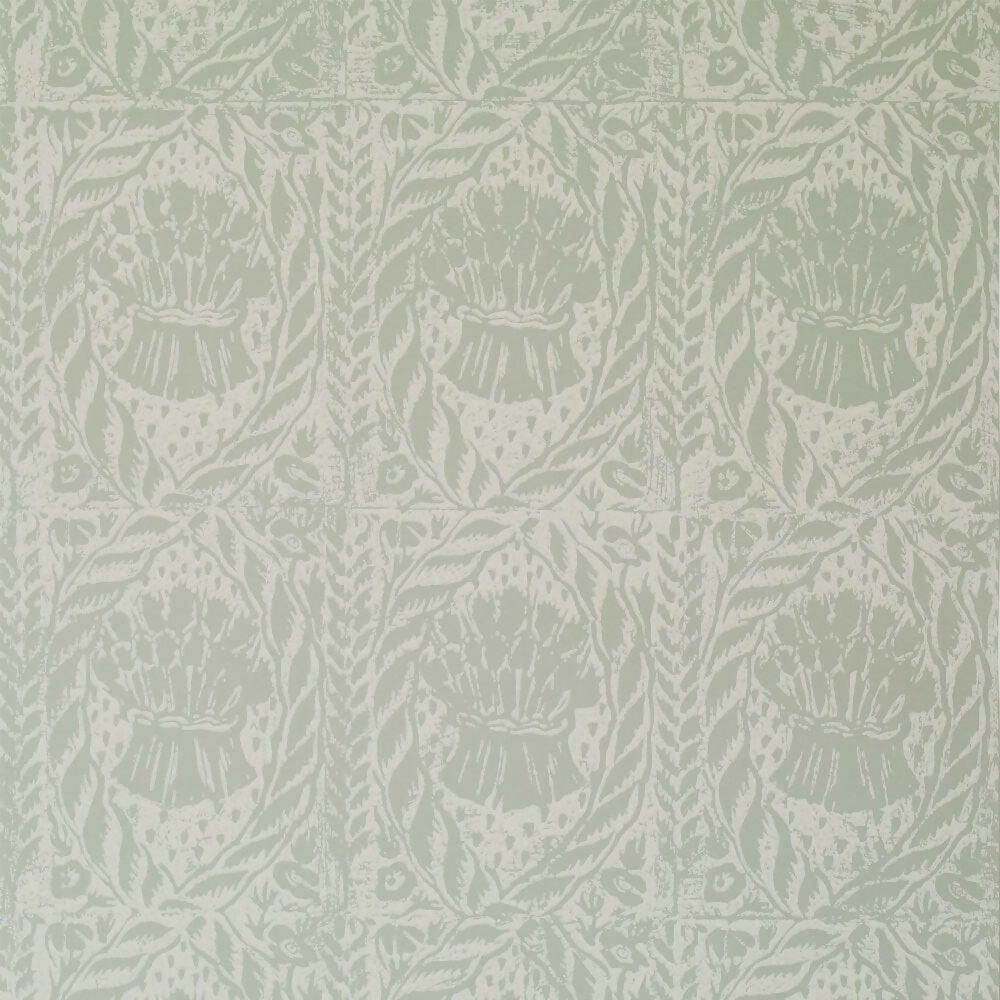 A section of wallpaper with a traditional, intricate pattern in a subtle cloud gray color,  available  to buy on the-salon.com. SALON curates the finest , unique, handmade pieces from the interior industry's best makers and brands. Shop luxury furniture, lighting, rugs, art, antiques and vintage pieces and accessories from SALON interior designed rooms.
