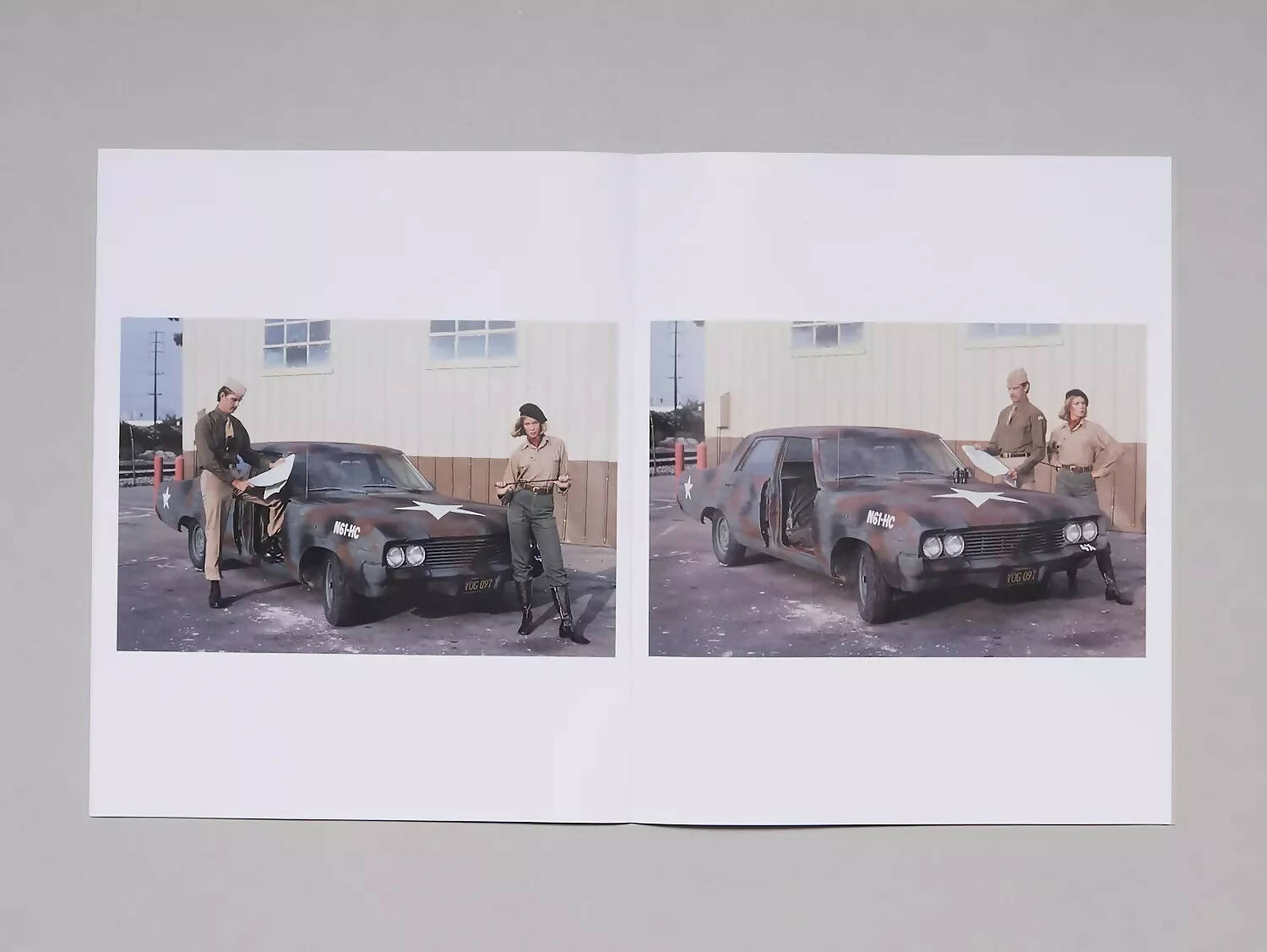 An image of an open book with two images of a couple in front of an old vintage car, painted darkly with a large white star on the hood, available  to buy on the-salon.com. SALON curates the finest , unique, handmade pieces from the interior industry's best makers and brands. Shop luxury furniture, lighting, rugs, art, antiques and vintage pieces and accessories from SALON interior designed rooms.
