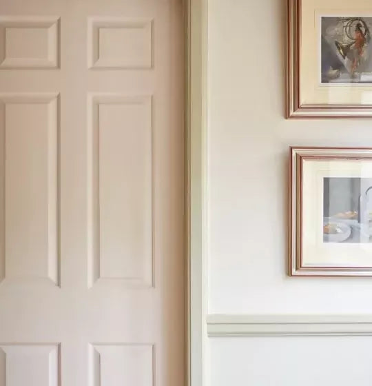 'Rose tinted white' paint on the walls , with a door and two images in frame,  available  to buy on the-salon.com. SALON curates the finest , unique, handmade pieces from the interior industry's best makers and brands. Shop luxury furniture, lighting, rugs, art, antiques and vintage pieces and accessories from SALON interior designed rooms.