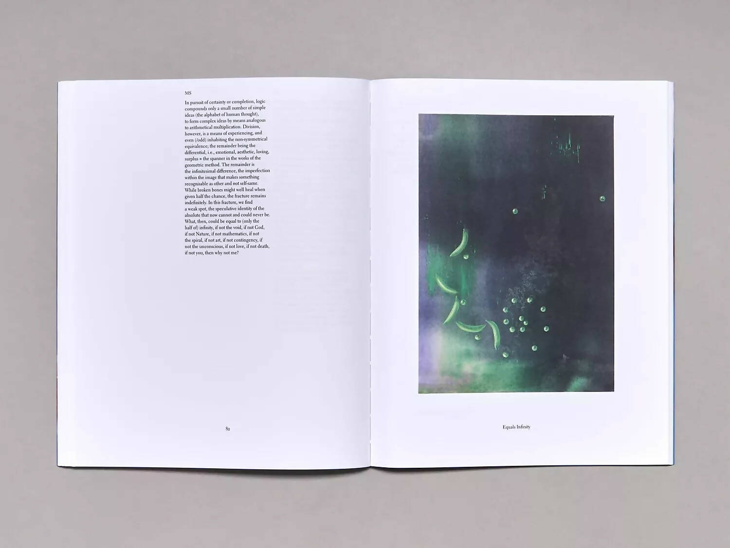 An image of an open book, containing an image of 'equals infinity' and the other page with text, available  to buy on the-salon.com. SALON curates the finest , unique, handmade pieces from the interior industry's best makers and brands. Shop luxury furniture, lighting, rugs, art, antiques and vintage pieces and accessories from SALON interior designed rooms.