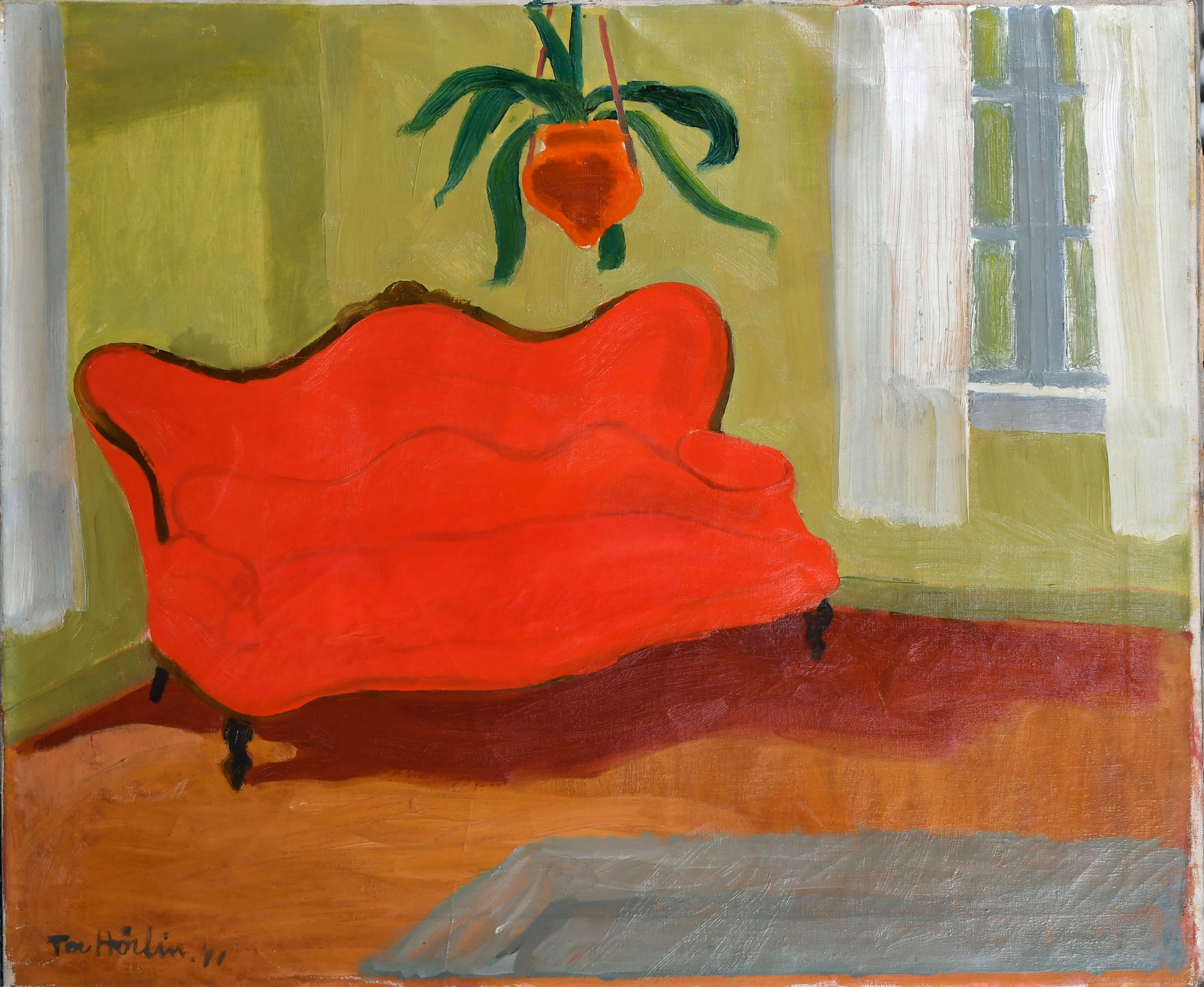 Painting of a red sofa in a room with a plant and window. Shop on SALON