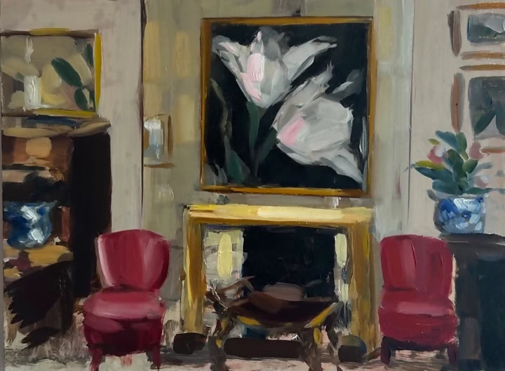 A painting depicting a quiet interior scene with two red chairs and a table, adorned with a black and white floral artwork on the wall,  available  to buy on the-salon.com. SALON curates the finest , unique, handmade pieces from the interior industry's best makers and brands. Shop luxury furniture, lighting, rugs, art, antiques and vintage pieces and accessories from SALON interior designed rooms.