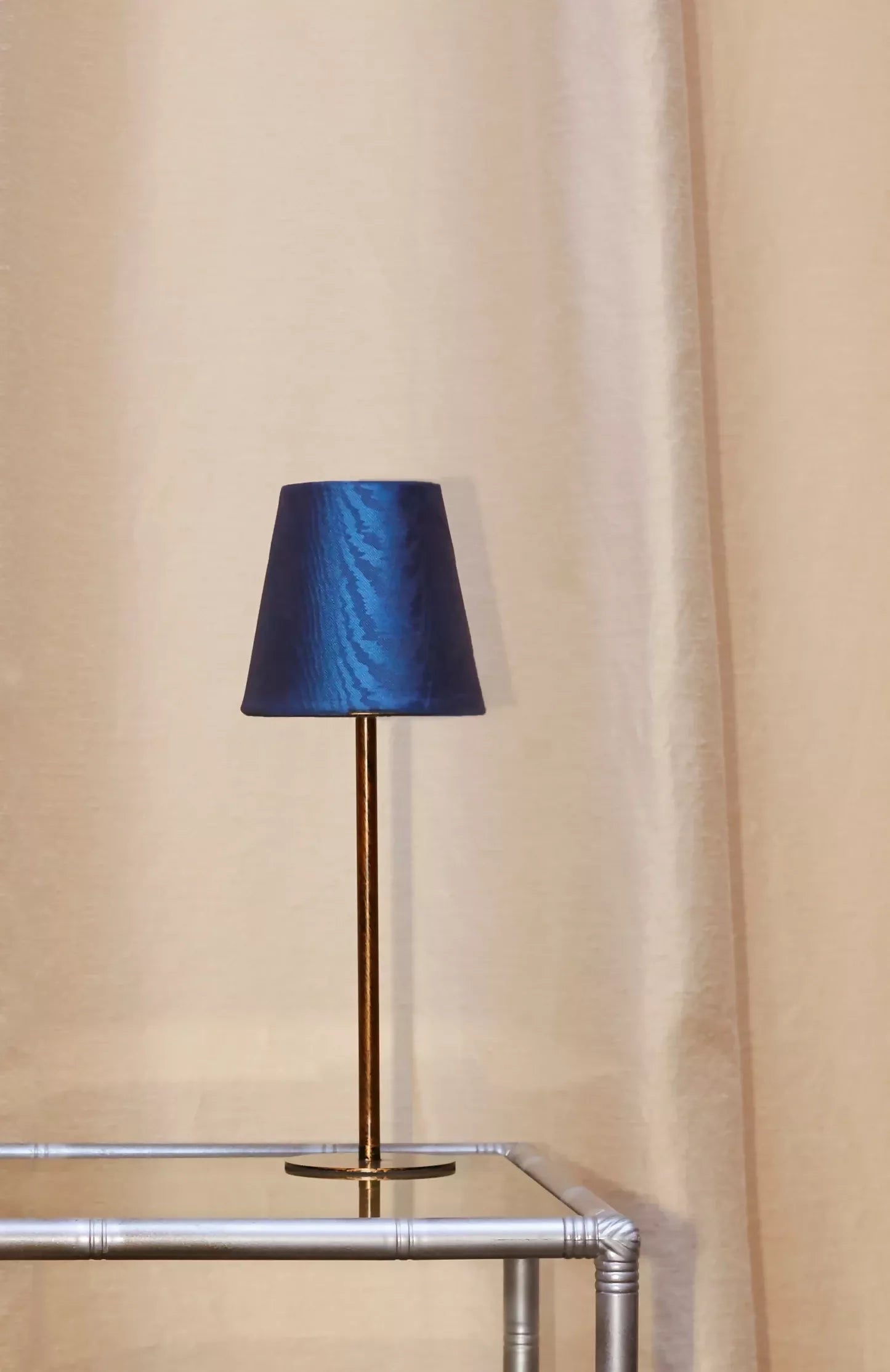 Blue moiré pattern fabric as a lampshade, available  to buy on the-salon.com. SALON curates the finest , unique, handmade pieces from the interior industry's best makers and brands. Shop luxury furniture, lighting, rugs, art, antiques and vintage pieces and accessories from SALON interior designed rooms.
