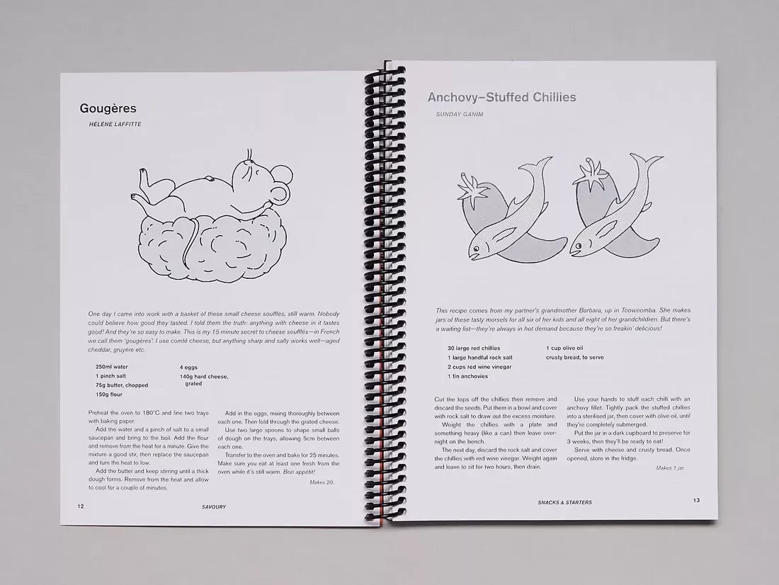 Open book, pages to recipes of Gougeres and anchovy-stuffed chillies , available  to buy on the-salon.com. SALON curates the finest , unique, handmade pieces from the interior industry's best makers and brands. Shop luxury furniture, lighting, rugs, art, antiques and vintage pieces and accessories from SALON interior designed rooms.