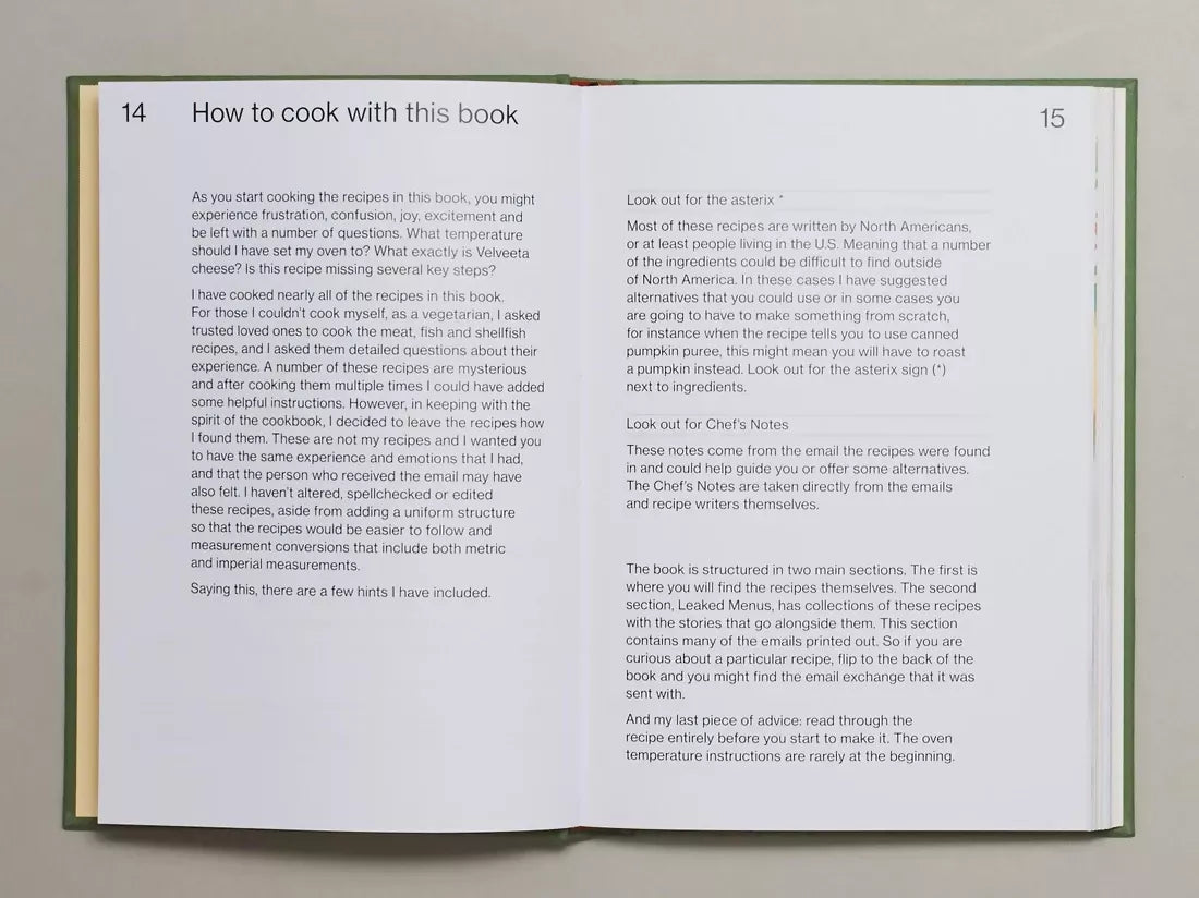Open book, pages to 'how to cook with this book' and genuine notes on how to cook with the book, available  to buy on the-salon.com. SALON curates the finest , unique, handmade pieces from the interior industry's best makers and brands. Shop luxury furniture, lighting, rugs, art, antiques and vintage pieces and accessories from SALON interior designed rooms.