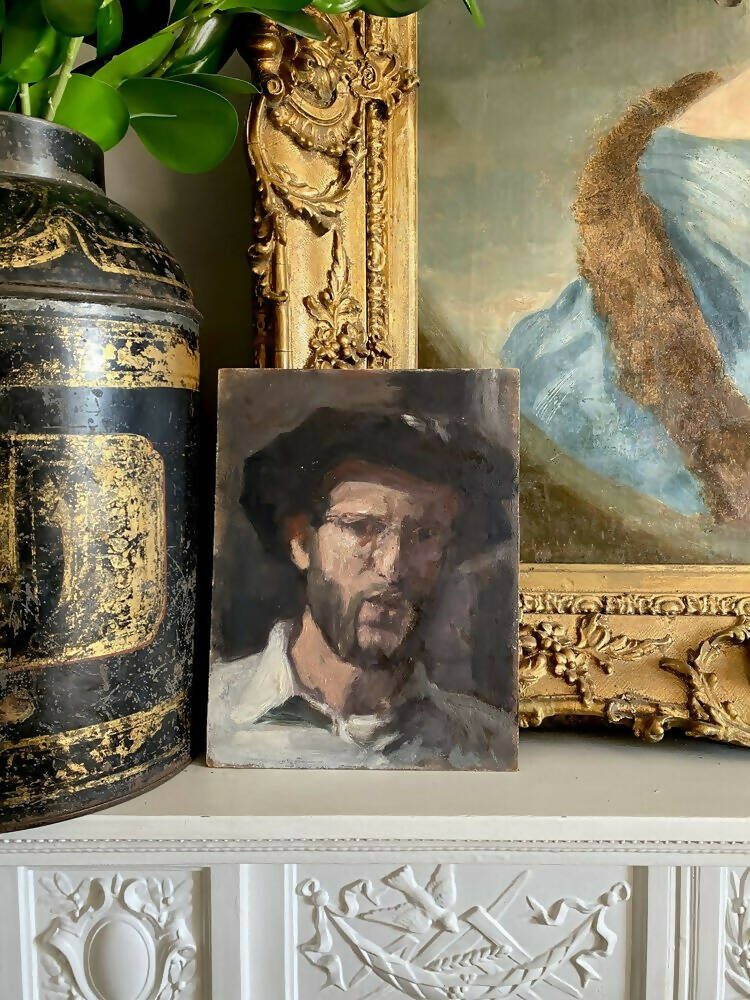 A midcentury gestural portrait of a man with a hat, predominantly in grayscale with a touch of color,  available  to buy on the-salon.com. SALON curates the finest , unique, handmade pieces from the interior industry's best makers and brands. Shop luxury furniture, lighting, rugs, art, antiques and vintage pieces and accessories from SALON interior designed rooms.