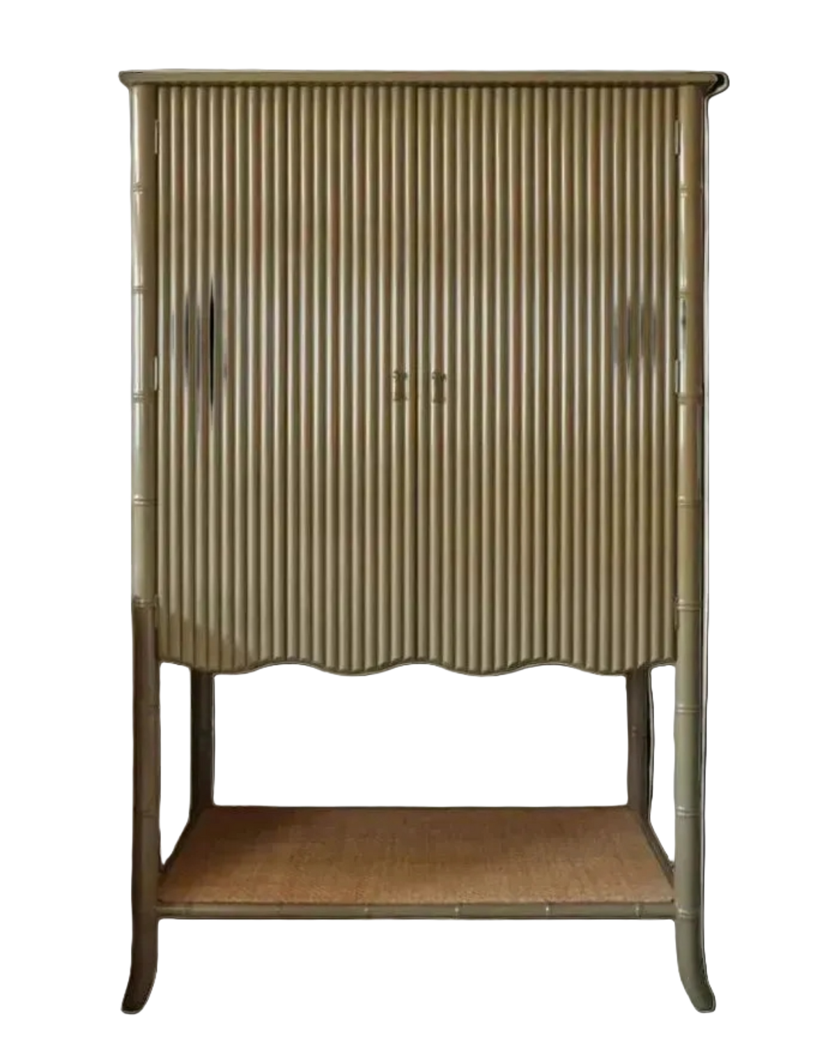 A vintage-style cabinet with a fluted bamboo or rattan front, a lower shelf, and a distressed gray painted frame, shown against a plain white background.