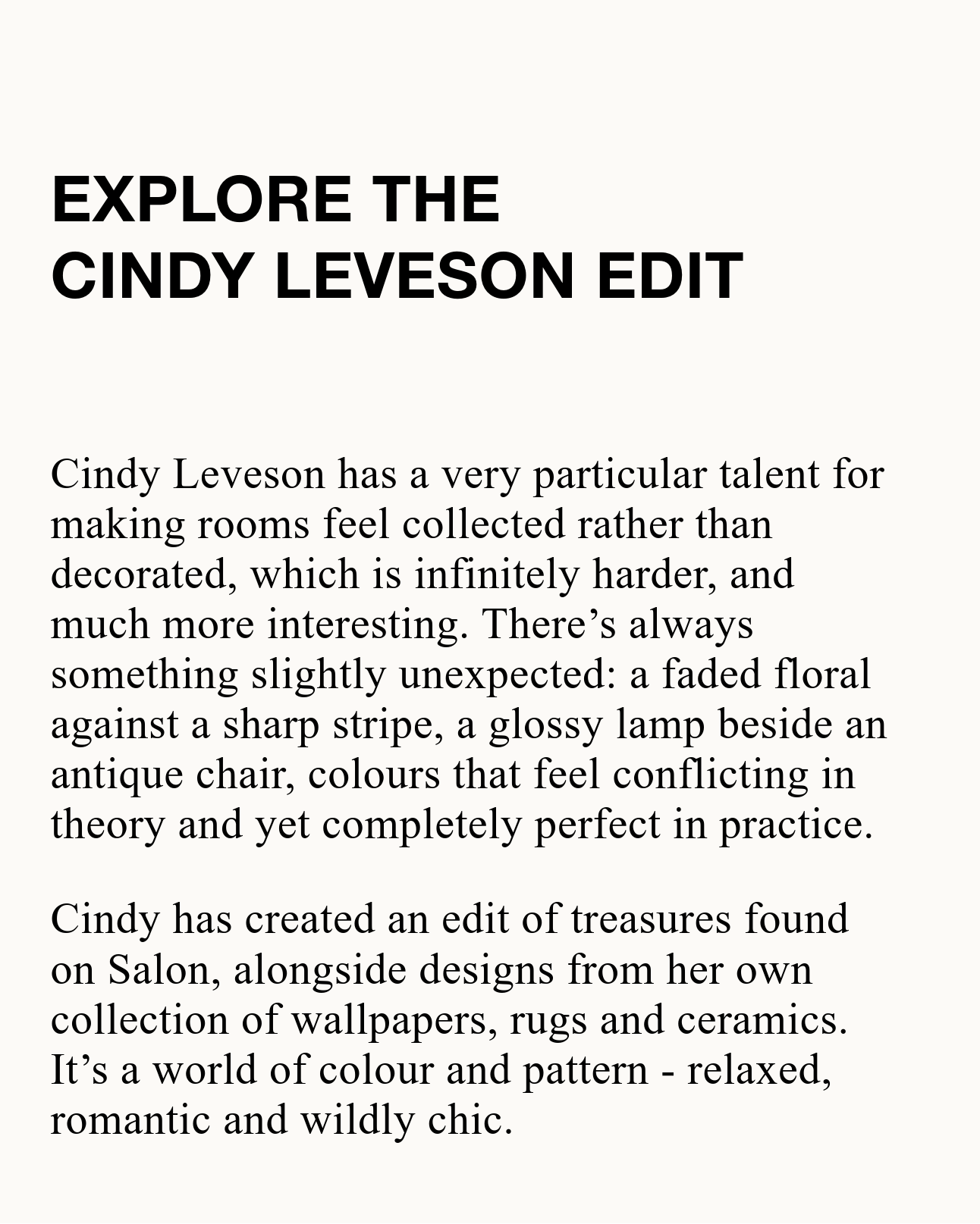 Text about Cindy Leveson's design style and her edit on Salon.