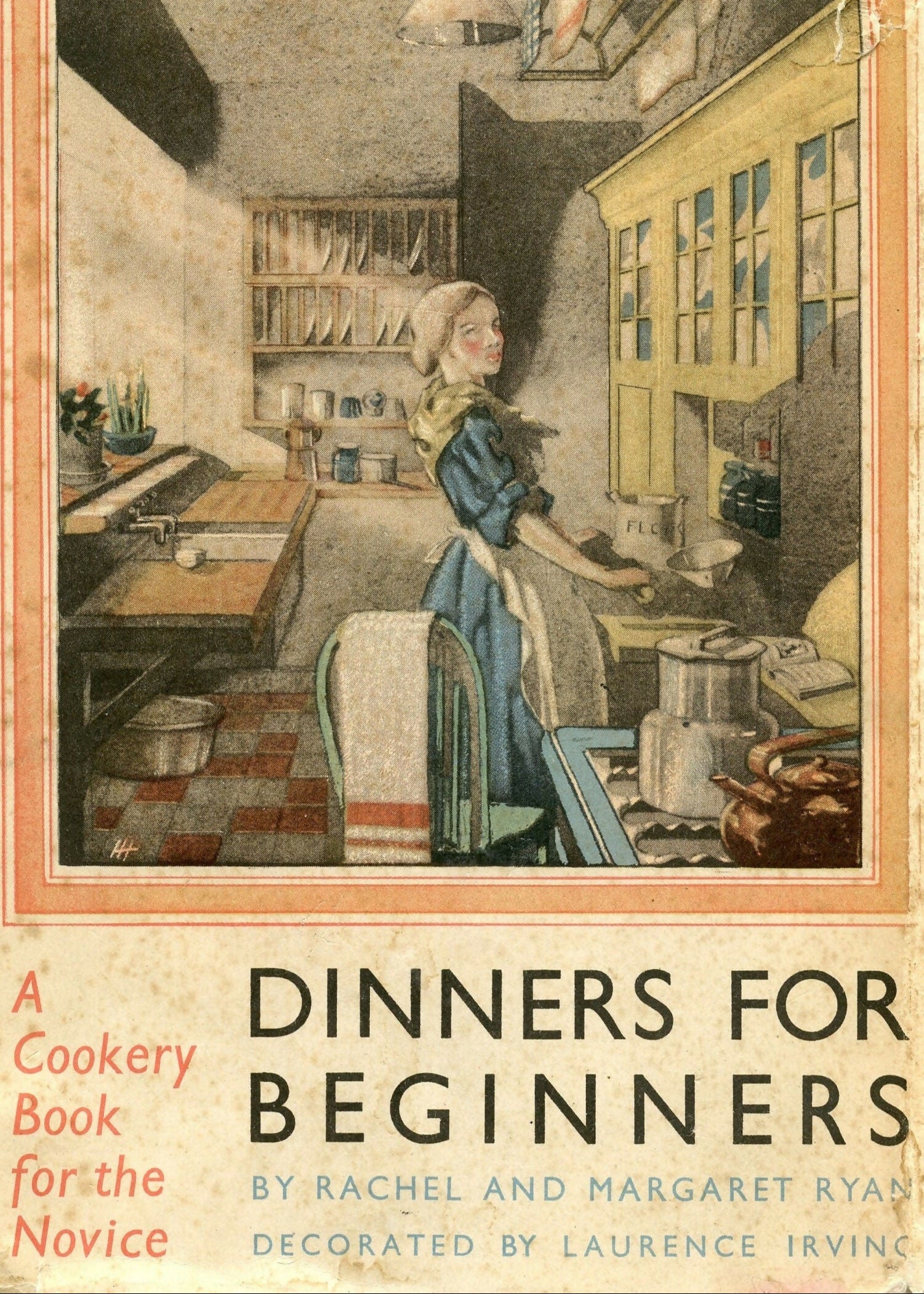 Cover of the book 'Dinners for Beginners' depicting a woman in a kitchen setting, with a focus on traditional English cooking, available  to buy on the-salon.com. SALON curates the finest , unique, handmade pieces from the interior industry's best makers and brands. Shop luxury furniture, lighting, rugs, art, antiques and vintage pieces and accessories from SALON interior designed rooms.