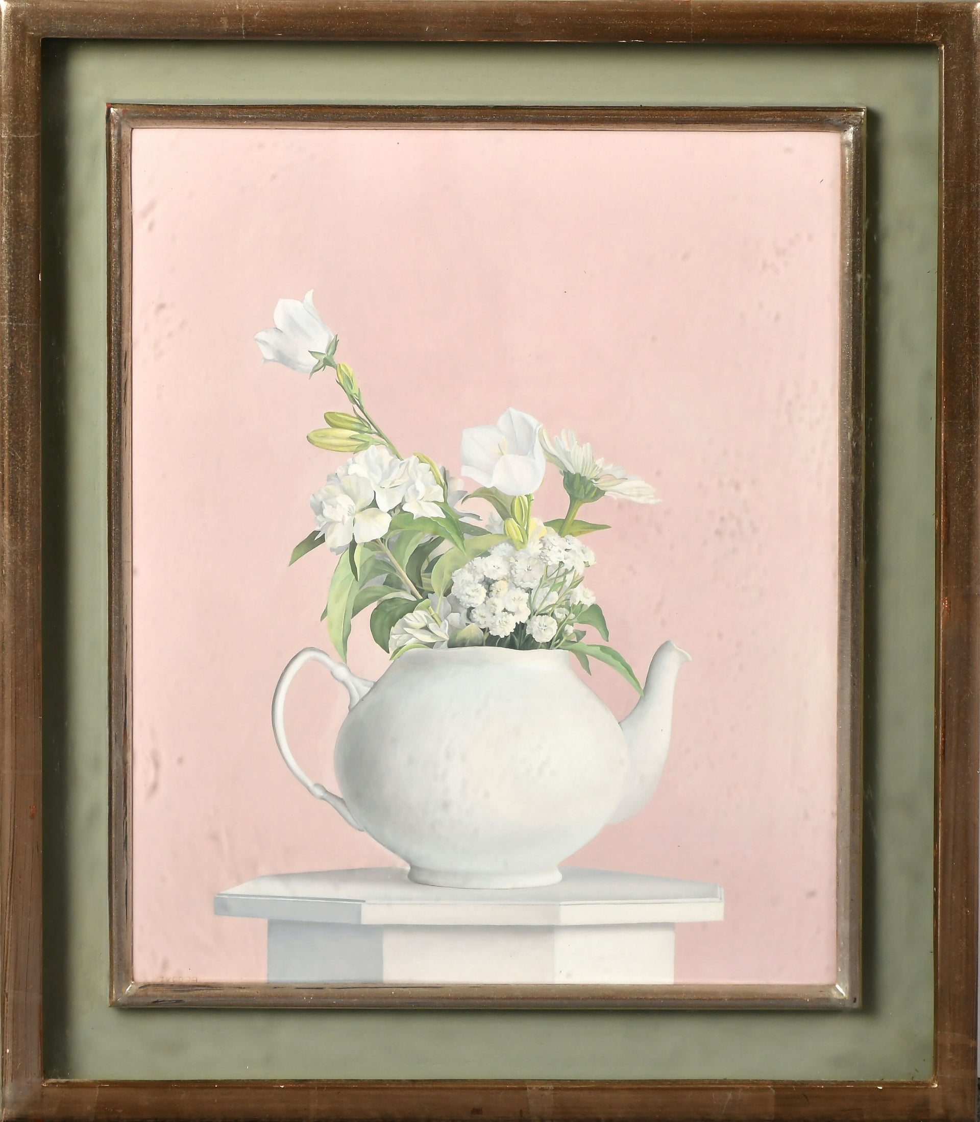 Framed artwork of a white teapot with flowers on a pink background