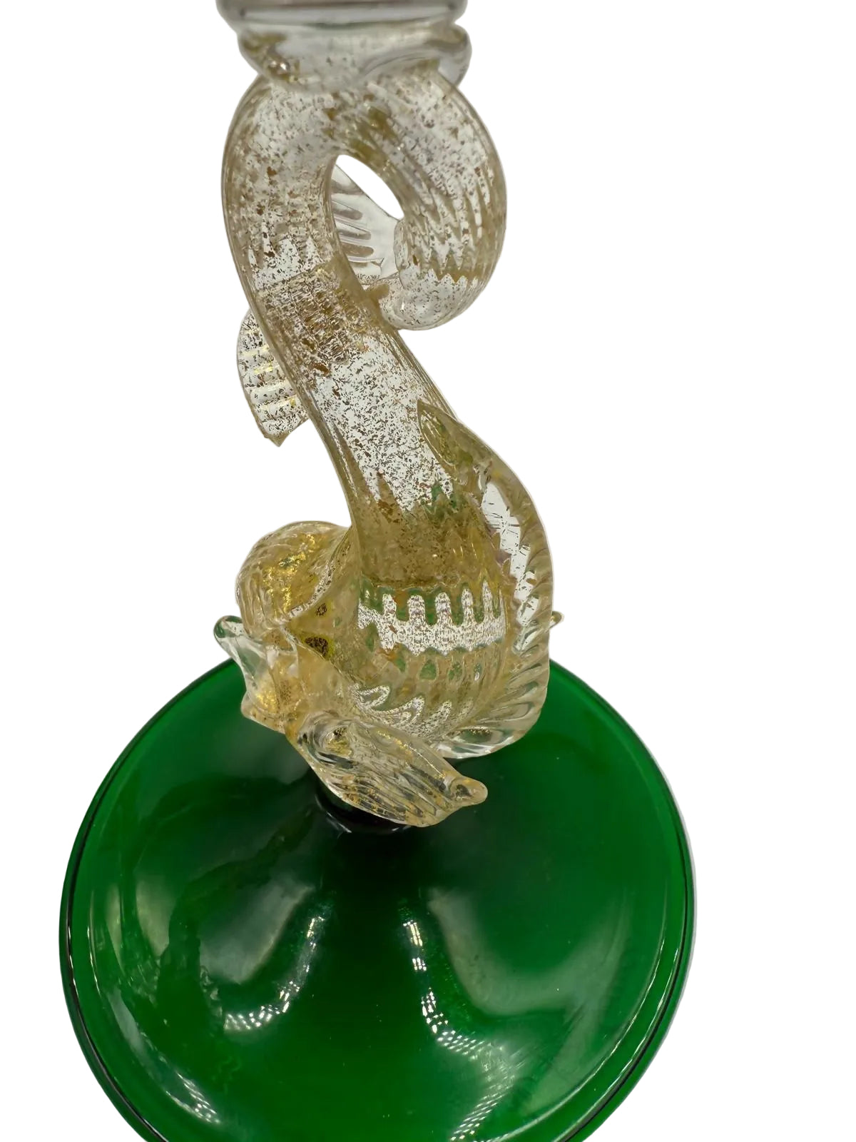 MURANO EMERALD GREEN AND GOLD DOLPHIN GLASS CANDLESTICKS