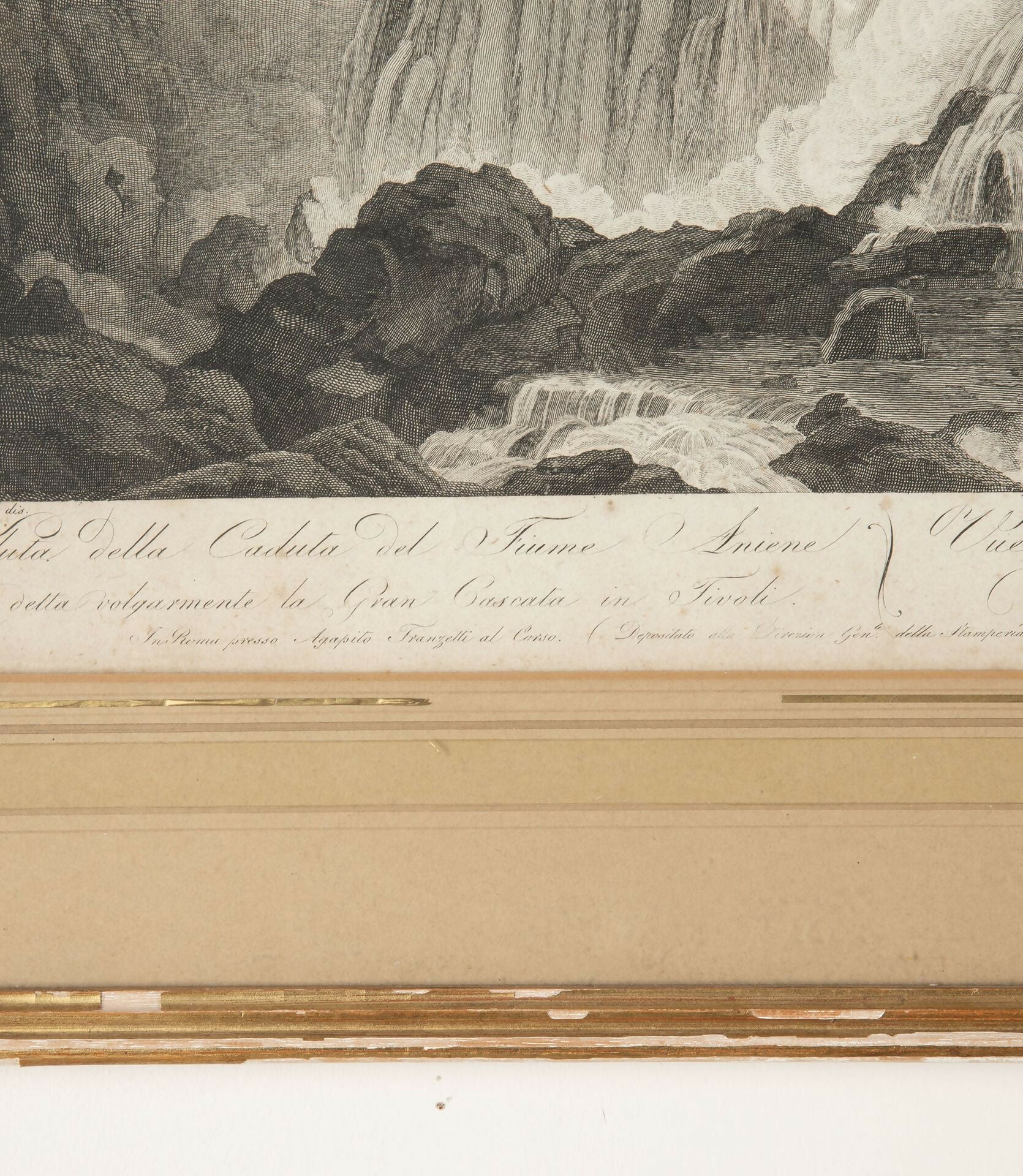 Vintage illustration of a mountainous landscape with a waterfall, featuring text at the bottom,  available  to buy on the-salon.com. SALON curates the finest , unique, handmade pieces from the interior industry's best makers and brands. Shop luxury furniture, lighting, rugs, art, antiques and vintage pieces and accessories from SALON interior designed rooms.