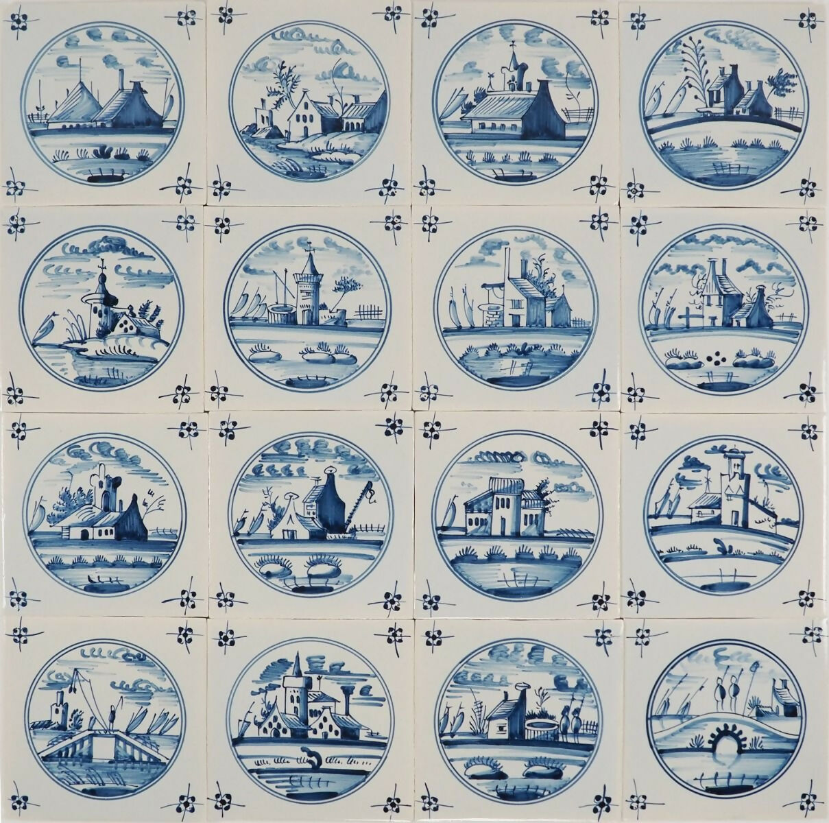 Pattern of blue and white ceramic tiles with scenic designs,  available  to buy on the-salon.com. SALON curates the finest , unique, handmade pieces from the interior industry's best makers and brands. Shop luxury furniture, lighting, rugs, art, antiques and vintage pieces and accessories from SALON interior designed rooms.