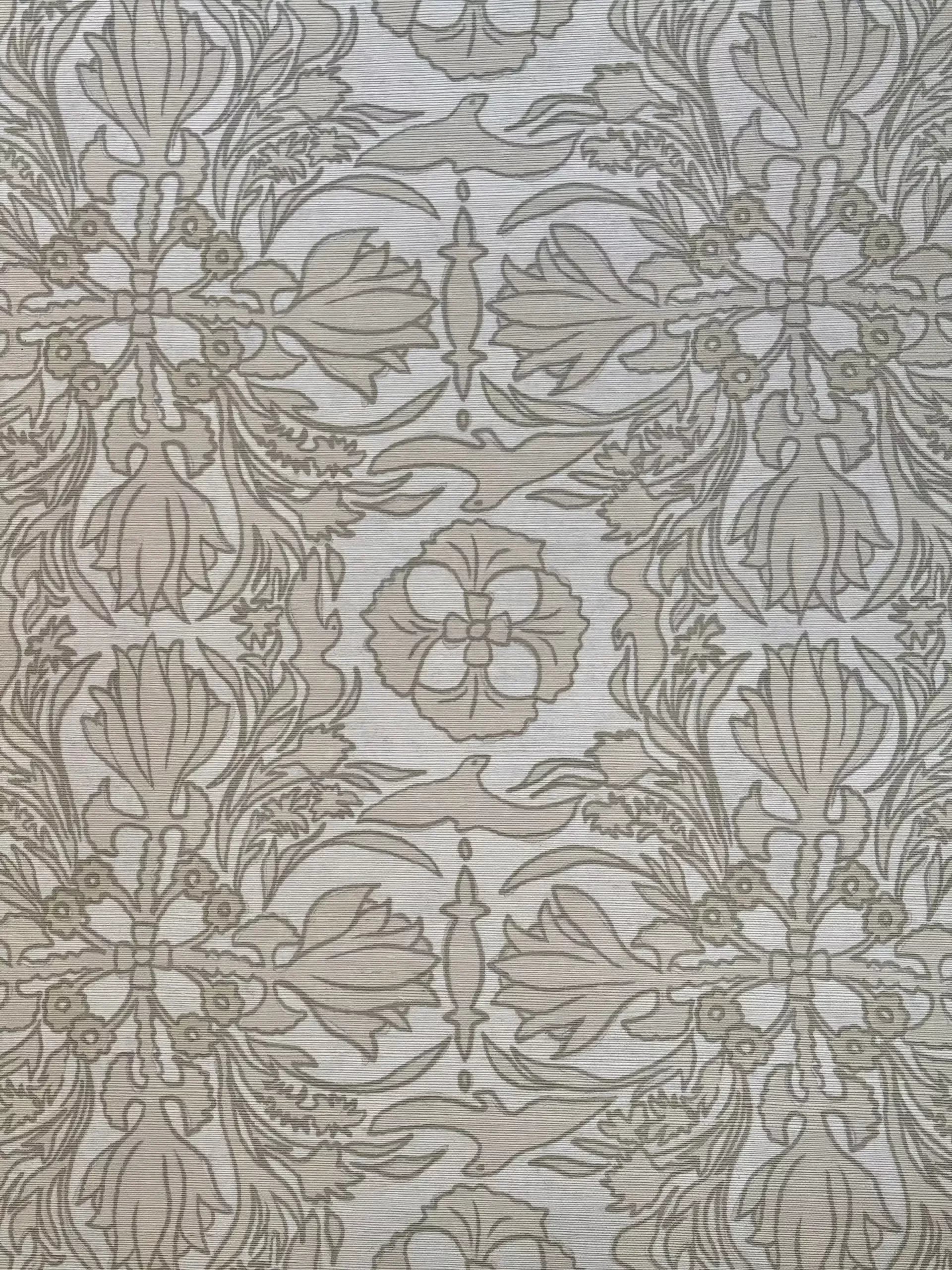 A section of wallpaper with a floral pattern in shades of beige, featuring a decorative design, available  to buy on the-salon.com. SALON curates the finest , unique, handmade pieces from the interior industry's best makers and brands. Shop luxury furniture, lighting, rugs, art, antiques and vintage pieces and accessories from SALON interior designed rooms.