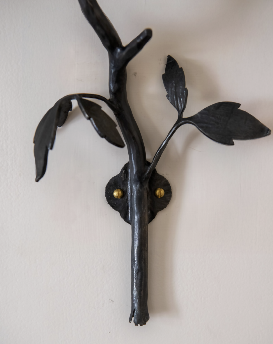 A wall-mounted black iron candle sconce in the shape of a clematis flower, a close up of the stem,  available  to buy on the-salon.com. SALON curates the finest , unique, handmade pieces from the interior industry's best makers and brands. Shop luxury furniture, lighting, rugs, art, antiques and vintage pieces and accessories from SALON interior designed rooms.