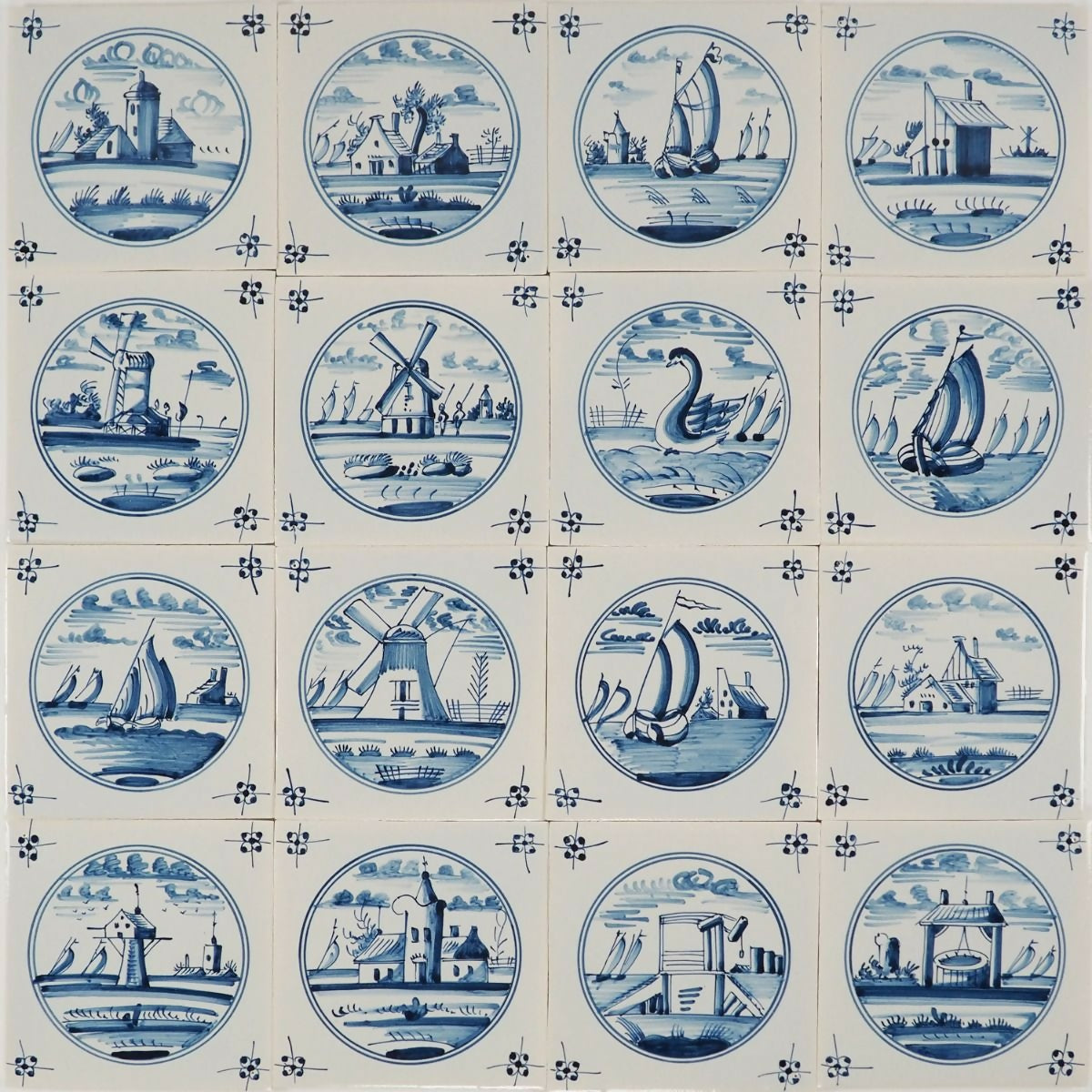 Pattern of blue and white ceramic tiles with scenic designs,  available  to buy on the-salon.com. SALON curates the finest , unique, handmade pieces from the interior industry's best makers and brands. Shop luxury furniture, lighting, rugs, art, antiques and vintage pieces and accessories from SALON interior designed rooms.