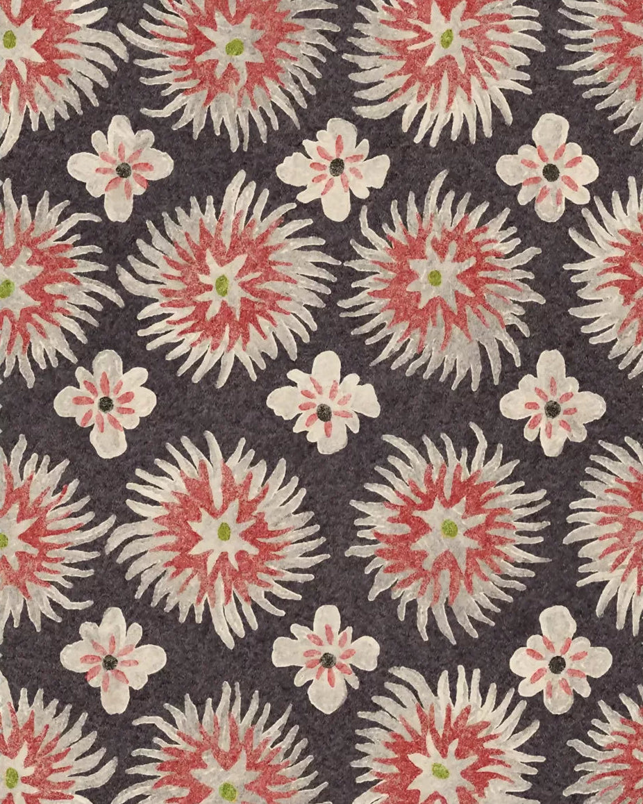 Floral patterned wallpaper swatch with pink and white flowers on a dark background