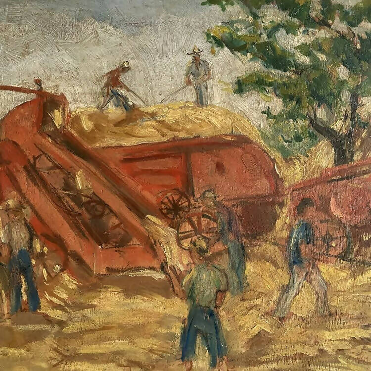 An impressionist style painting depicting Italian hay harvesters with vibrant colours and dynamic composition,  available  to buy on the-salon.com. SALON curates the finest , unique, handmade pieces from the interior industry's best makers and brands. Shop luxury furniture, lighting, rugs, art, antiques and vintage pieces and accessories from SALON interior designed rooms.