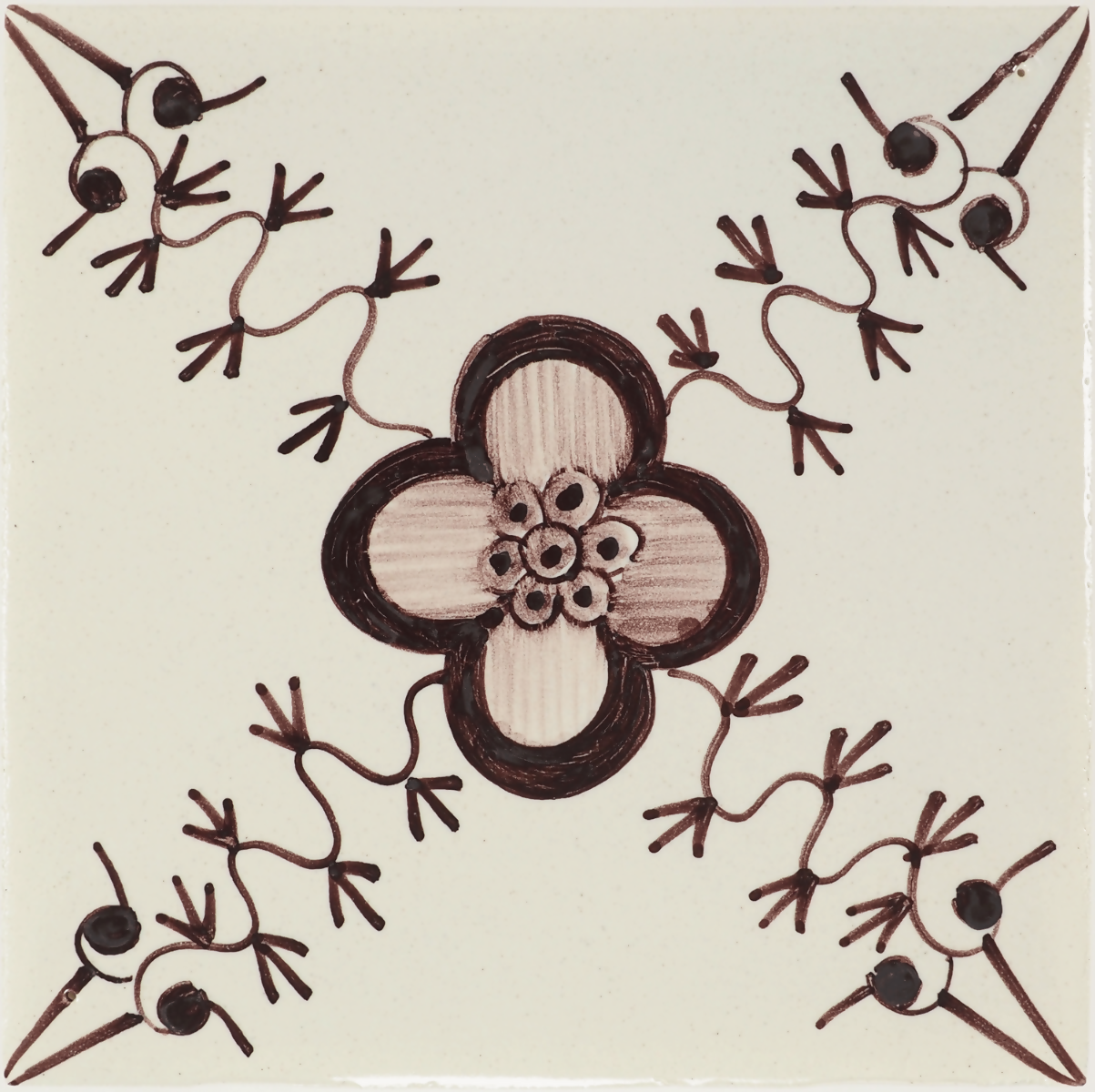 Decorative tile with a central flower design surrounded by abstract patterns on a beige background,  available  to buy on the-salon.com. SALON curates the finest , unique, handmade pieces from the interior industry's best makers and brands. Shop luxury furniture, lighting, rugs, art, antiques and vintage pieces and accessories from SALON interior designed rooms.