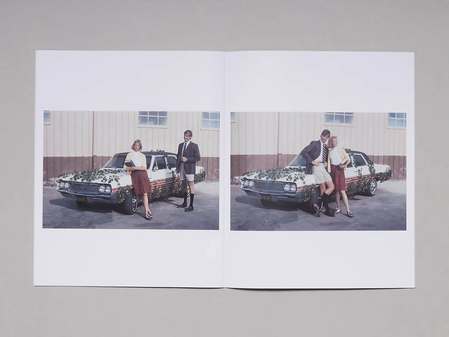 An image of an open book, with two images of a couple in front of a car that is decorated with bricks and faux-leaves, available  to buy on the-salon.com. SALON curates the finest , unique, handmade pieces from the interior industry's best makers and brands. Shop luxury furniture, lighting, rugs, art, antiques and vintage pieces and accessories from SALON interior designed rooms.