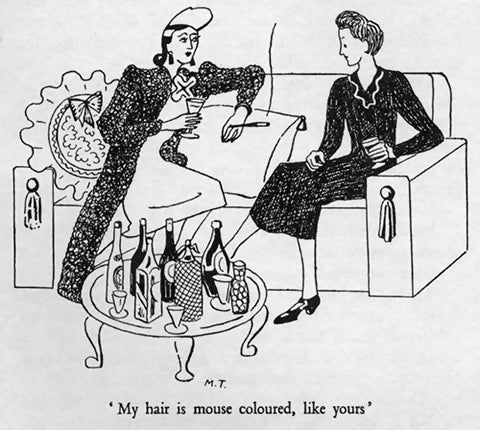 A black and white illustration from the book 'Miss Pettigrew Lives for a Day' depicting two women sitting and having a conversation, with alcohol bottles and glasses on the table between them,  available  to buy on the-salon.com. SALON curates the finest , unique, handmade pieces from the interior industry's best makers and brands. Shop luxury furniture, lighting, rugs, art, antiques and vintage pieces and accessories from SALON interior designed rooms.