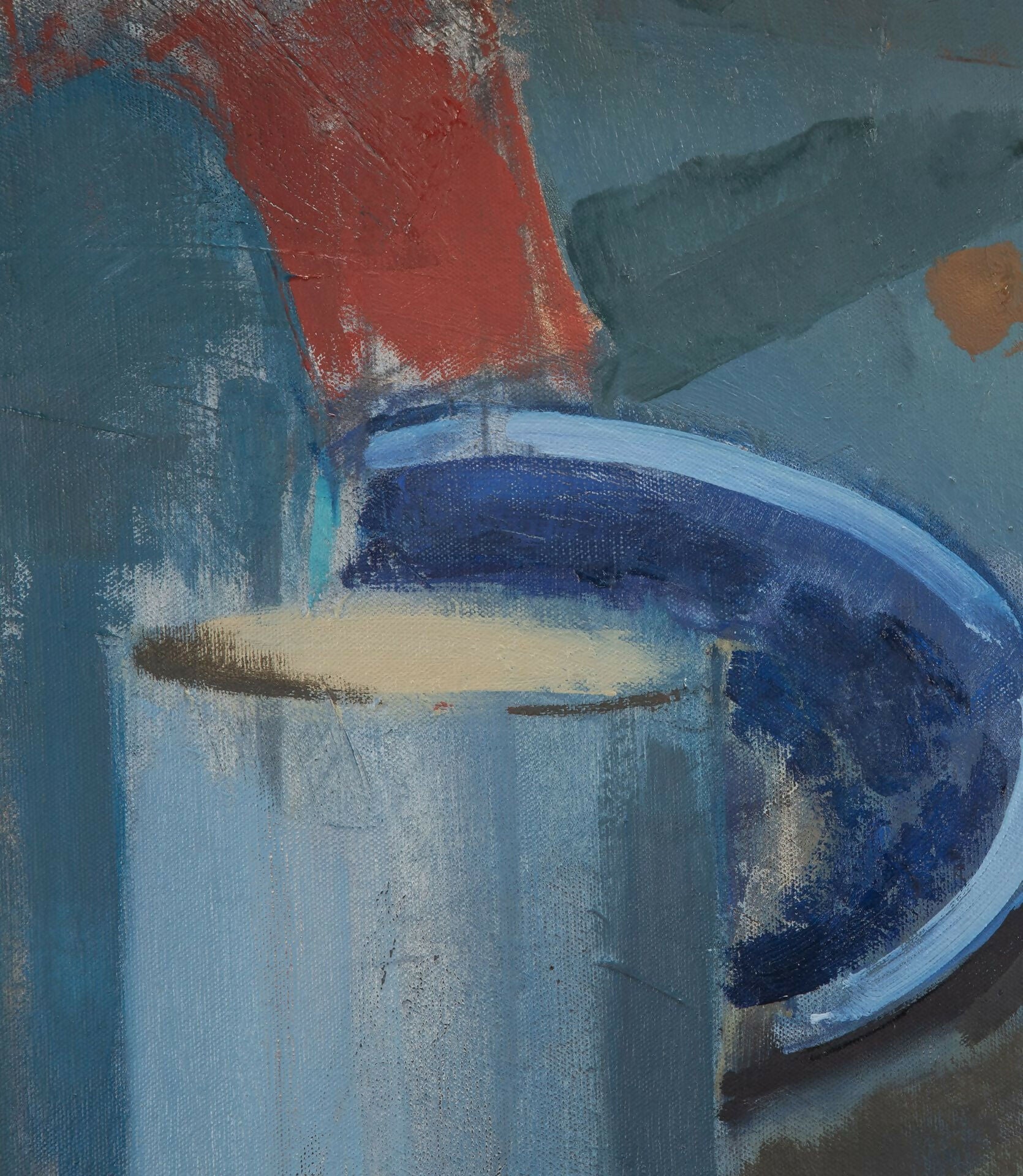 Abstract painting with blue, red, and beige colors,  available  to buy on the-salon.com. SALON curates the finest , unique, handmade pieces from the interior industry's best makers and brands. Shop luxury furniture, lighting, rugs, art, antiques and vintage pieces and accessories from SALON interior designed rooms.