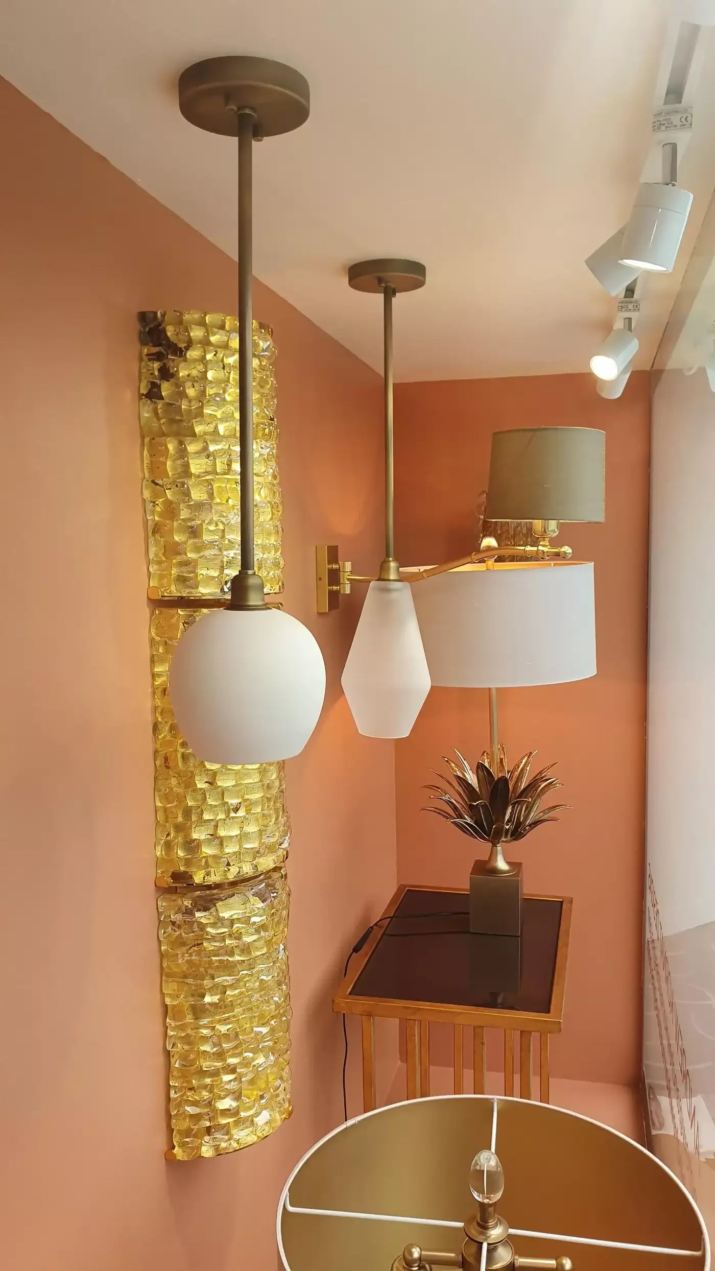 MURANO ART GLASS HALF CYLINDER SCONCES IN GOLD LEAF AND GOLD PLATED BY ANDREW KORNAT