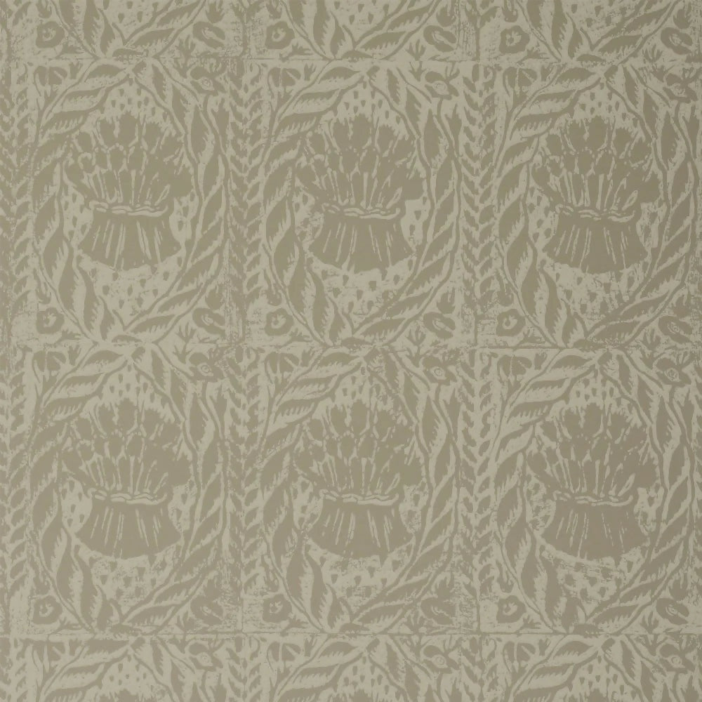 A section of wallpaper with a cream color featuring a floral and geometric pattern design, indicative of mid-20th century style,  available  to buy on the-salon.com. SALON curates the finest , unique, handmade pieces from the interior industry's best makers and brands. Shop luxury furniture, lighting, rugs, art, antiques and vintage pieces and accessories from SALON interior designed rooms.