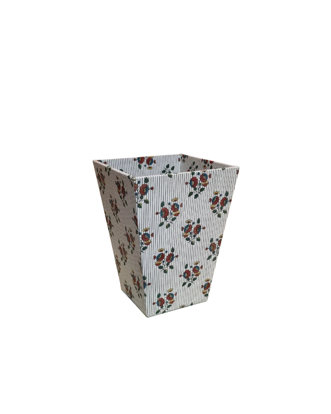 A rectangular open-top storage basket with a white and gray vertical stripe pattern and a red and green floral print, shown on a plain white background.