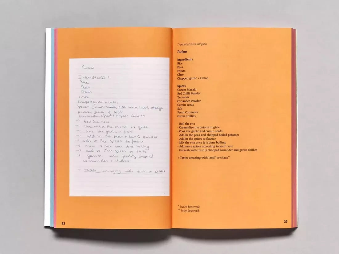 An open book, pages to a recipe for pulao, available  to buy on the-salon.com. SALON curates the finest , unique, handmade pieces from the interior industry's best makers and brands. Shop luxury furniture, lighting, rugs, art, antiques and vintage pieces and accessories from SALON interior designed rooms.